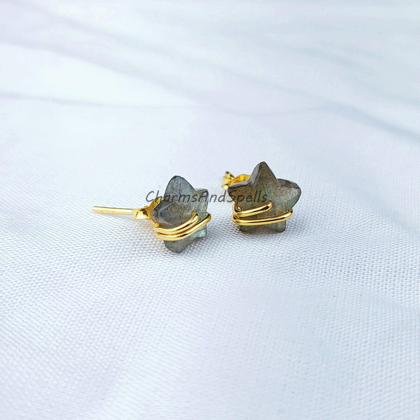 Tiny Labradorite studs, star shape jewelry, wire wrap earrings, minimalist crystal jewelry, boho earrings, small stud - Charms And Spells