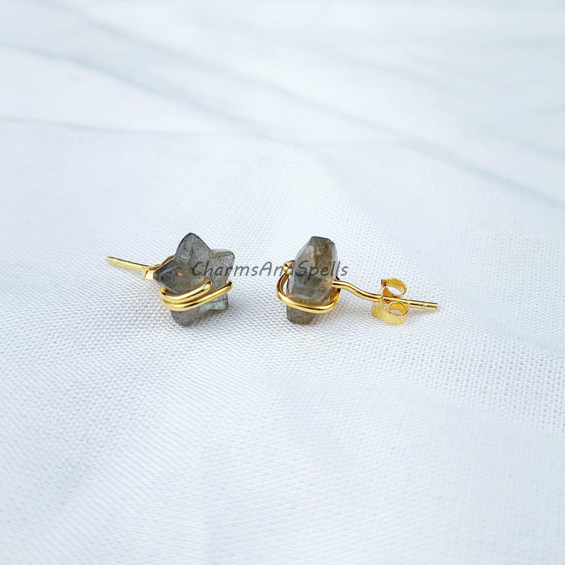 Tiny Labradorite studs, star shape jewelry, wire wrap earrings, minimalist crystal jewelry, boho earrings, small stud - Charms And Spells