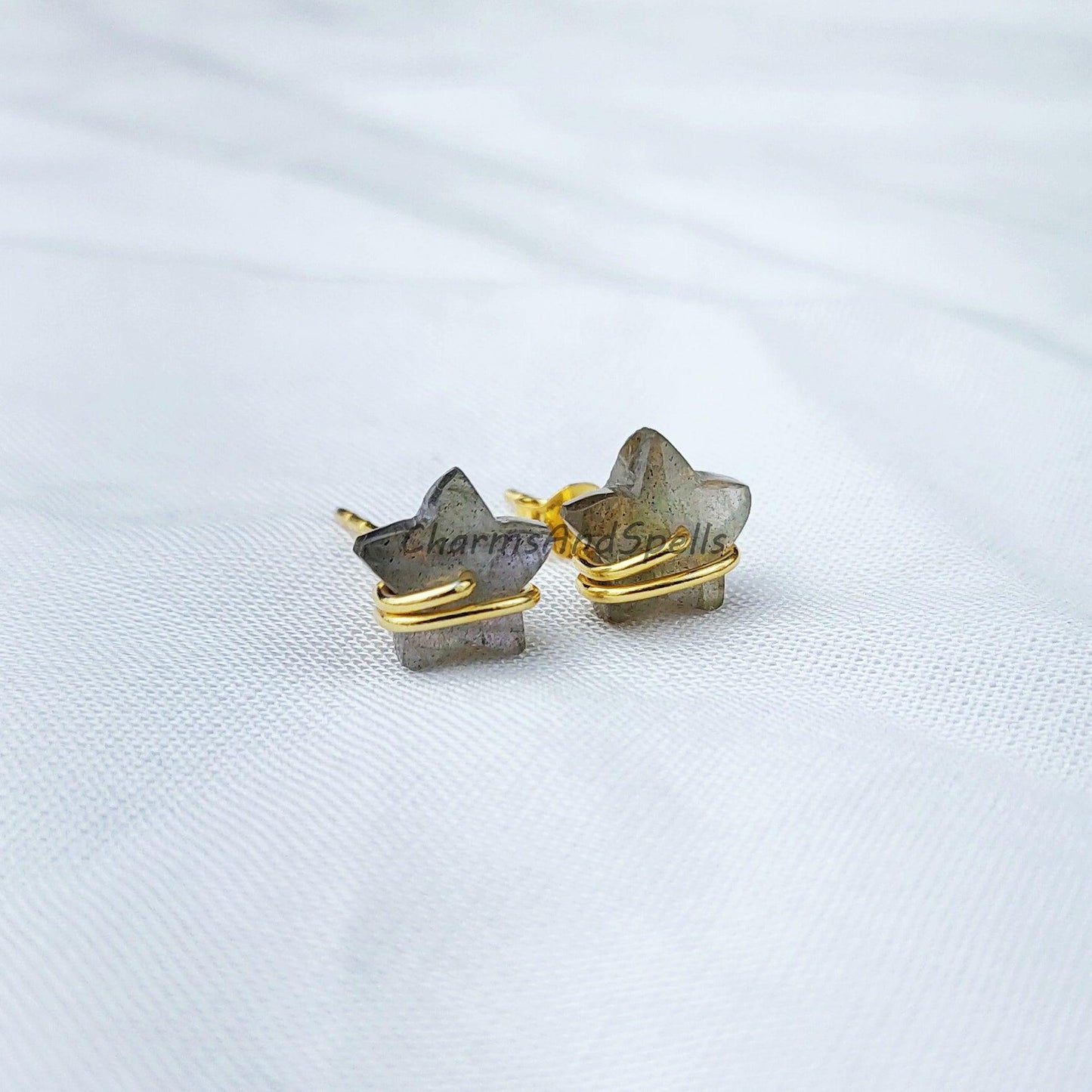 Tiny Labradorite studs, star shape jewelry, wire wrap earrings, minimalist crystal jewelry, boho earrings, small stud - Charms And Spells