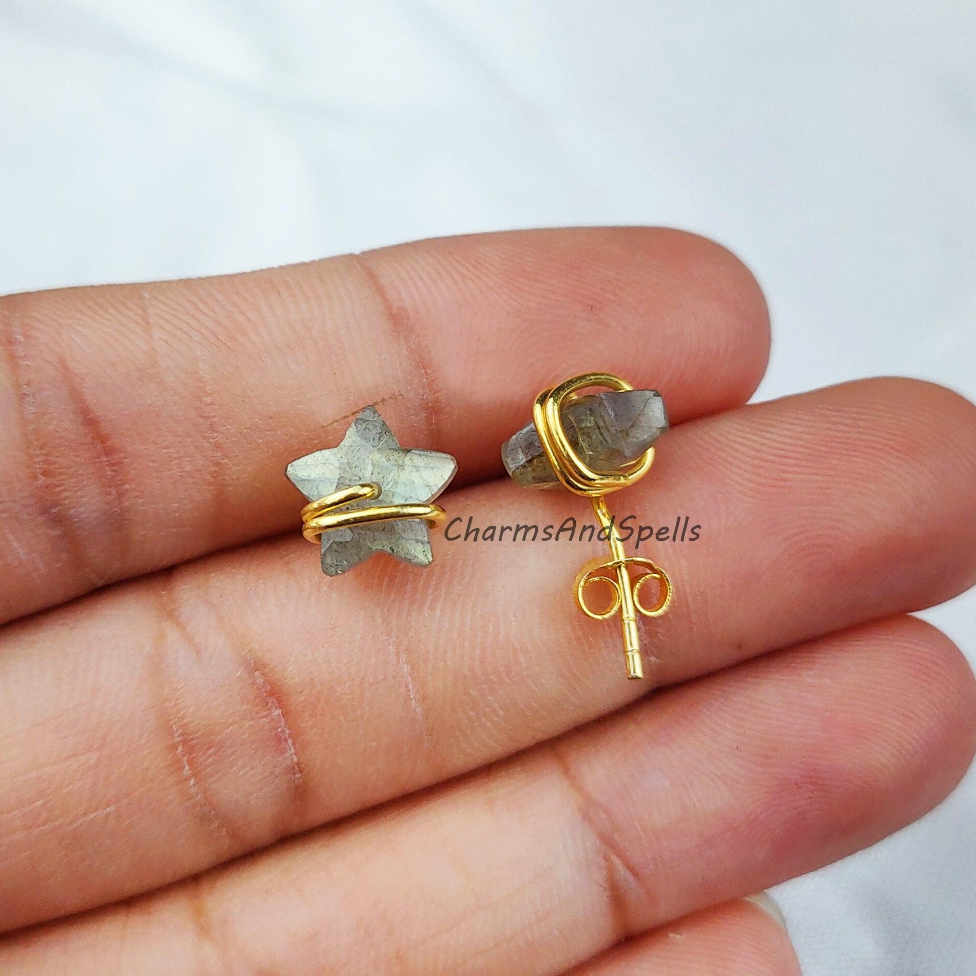 Tiny Labradorite studs, star shape jewelry, wire wrap earrings, minimalist crystal jewelry, boho earrings, small stud - Charms And Spells