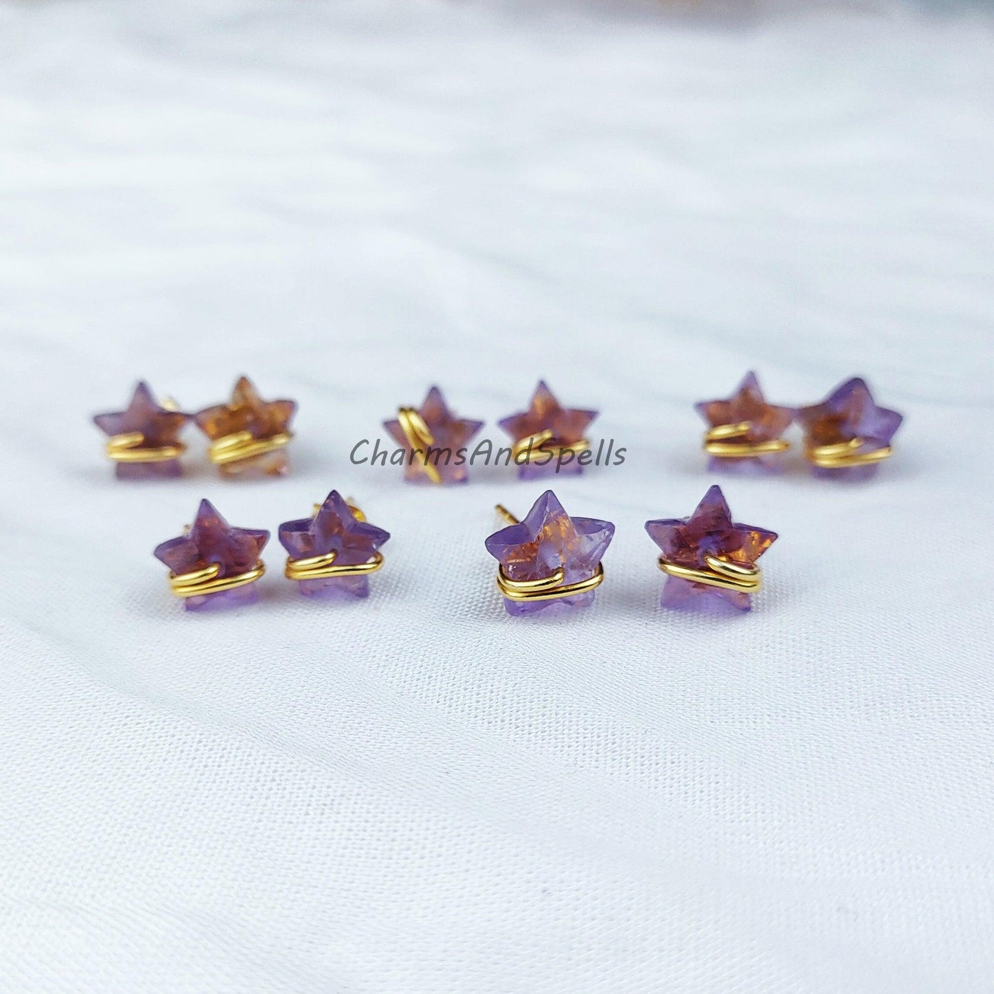 Natural Amethyst Earring, Star Shape Studs, 14K Gold Plated Earrings, Earrings, Purple Wire Wrap Stud Earrings - Charms And Spells