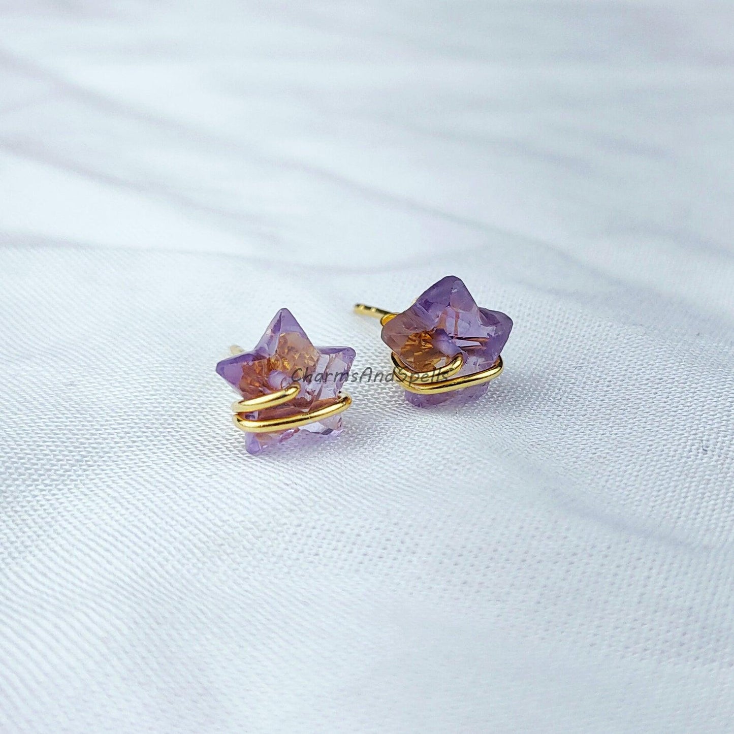 Natural Amethyst Earring, Star Shape Studs, 14K Gold Plated Earrings, Earrings, Purple Wire Wrap Stud Earrings - Charms And Spells