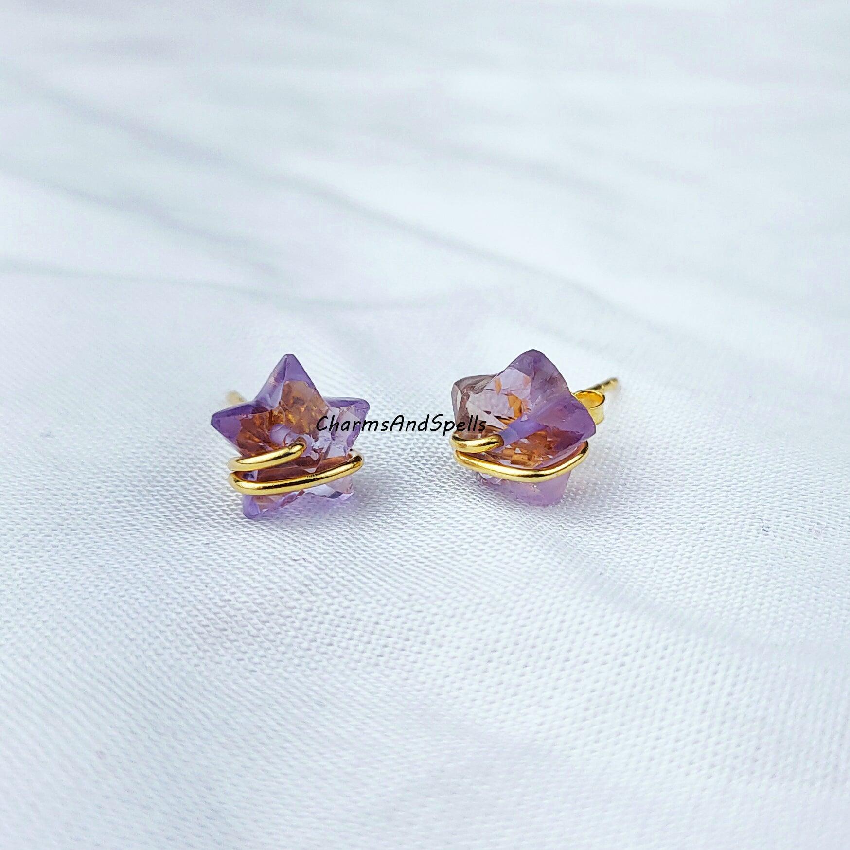 Natural Amethyst Earring, Star Shape Studs, 14K Gold Plated Earrings, Earrings, Purple Wire Wrap Stud Earrings - Charms And Spells