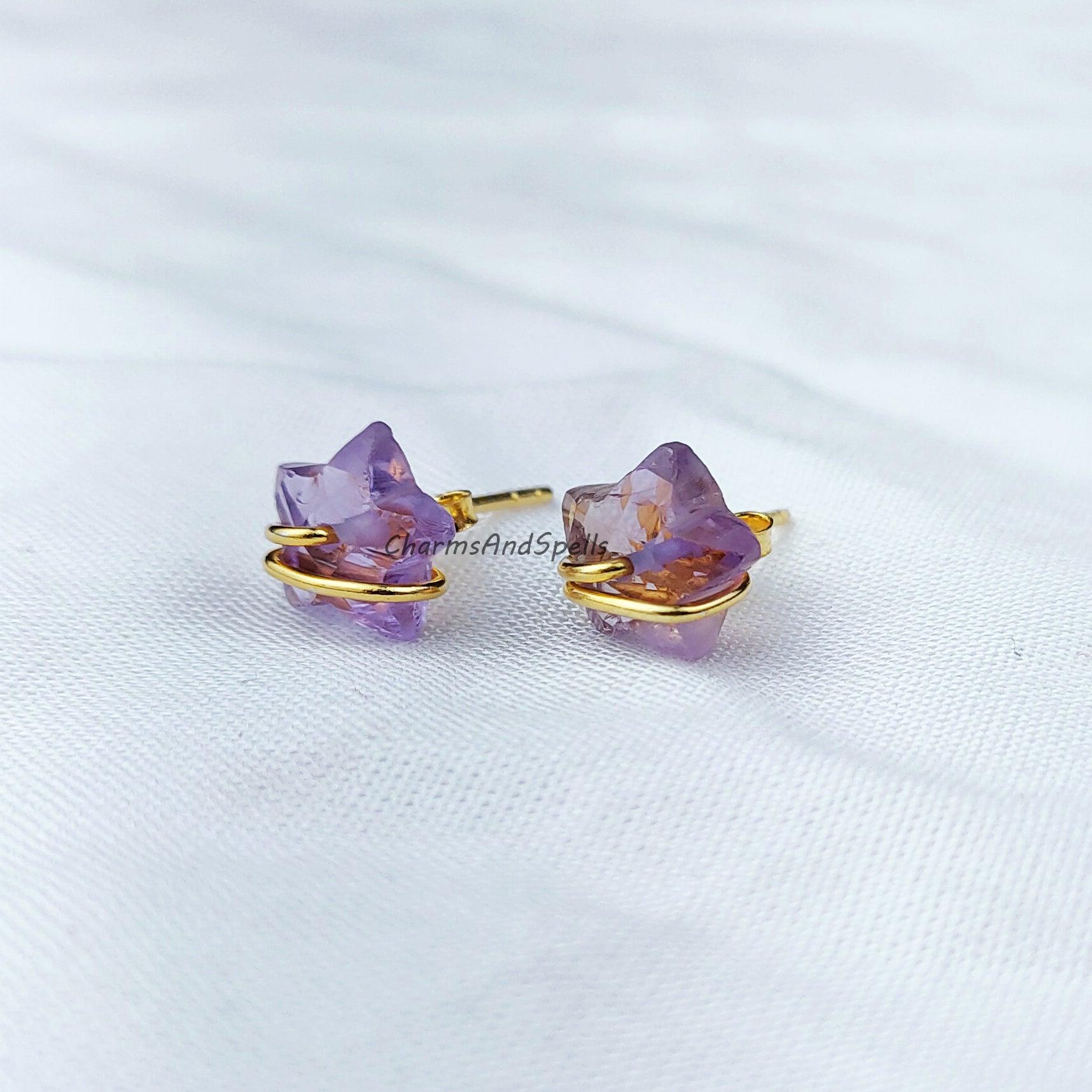 Natural Amethyst Earring, Star Shape Studs, 14K Gold Plated Earrings, Earrings, Purple Wire Wrap Stud Earrings - Charms And Spells