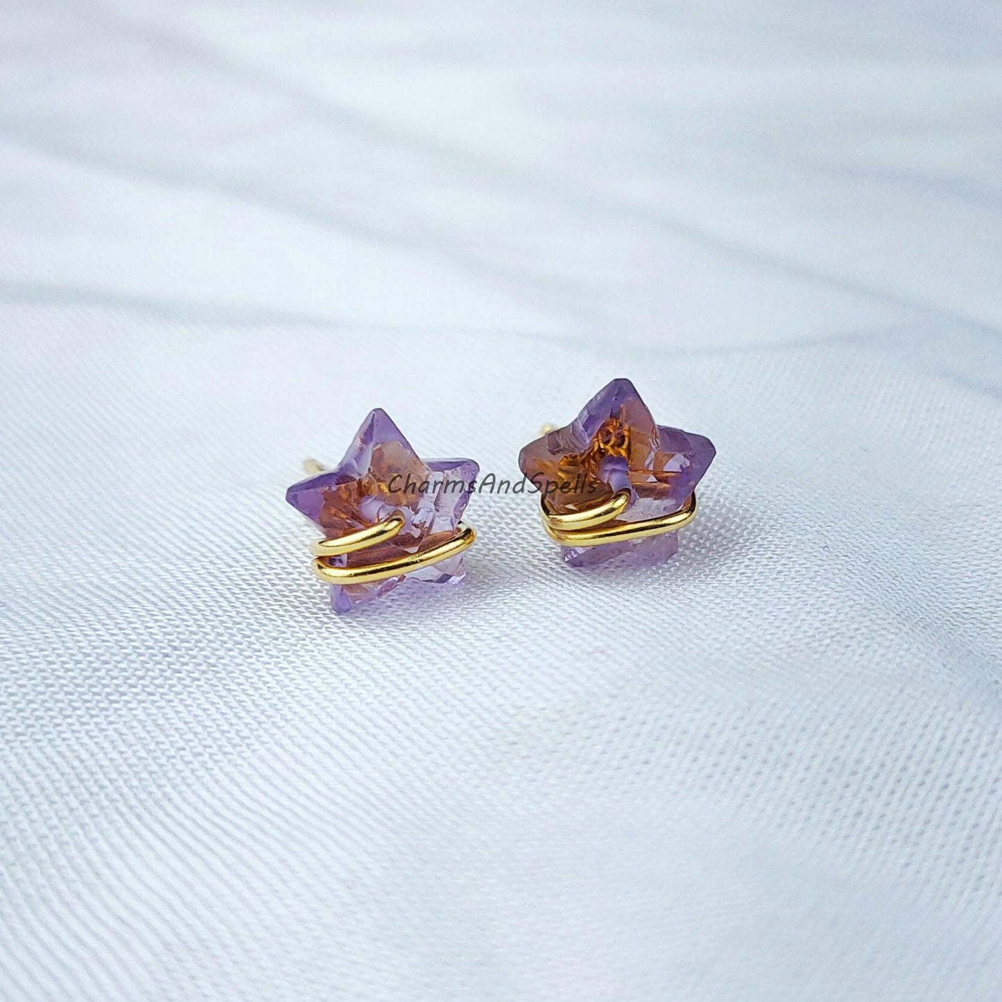 Natural Amethyst Earring, Star Shape Studs, 14K Gold Plated Earrings, Earrings, Purple Wire Wrap Stud Earrings - Charms And Spells