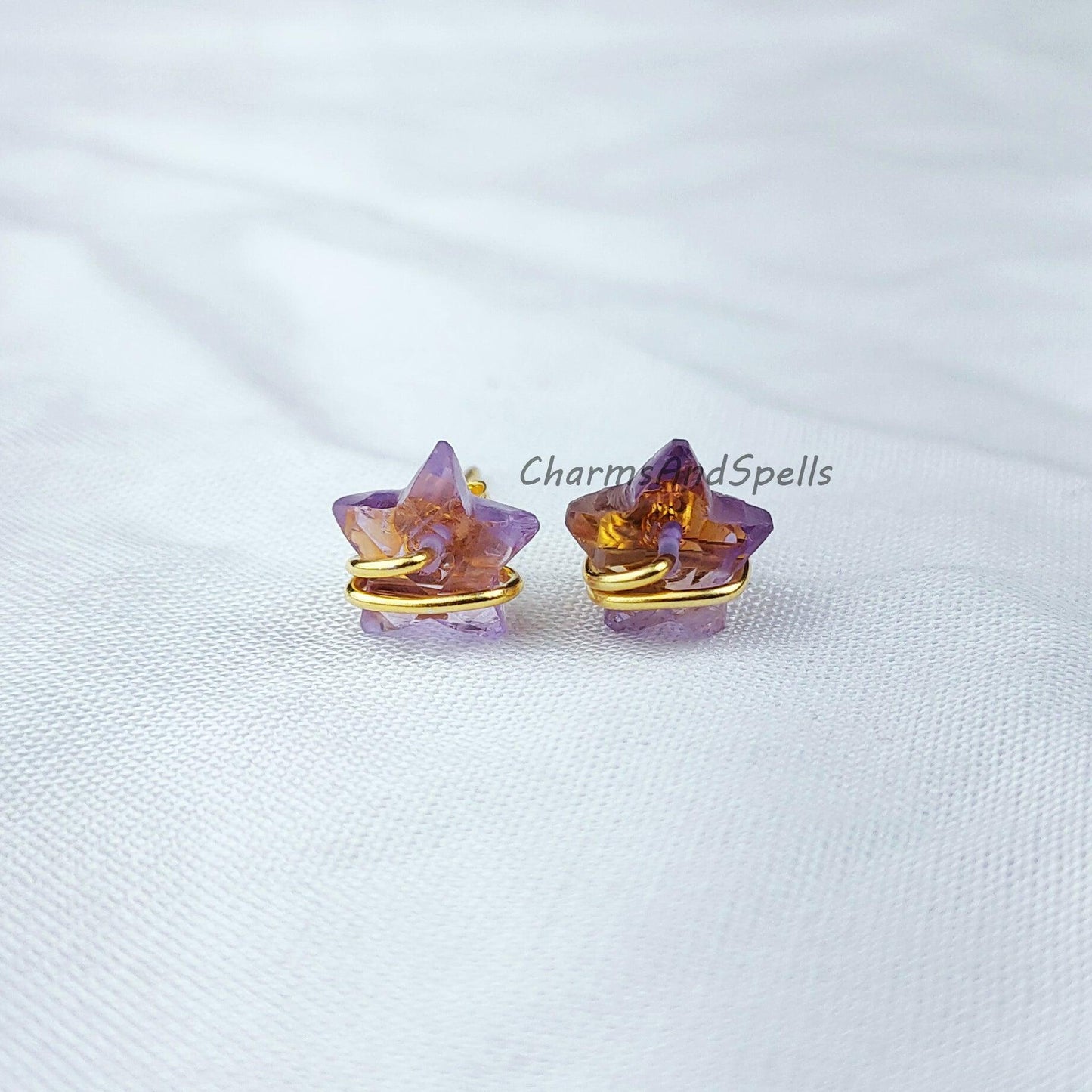 Natural Amethyst Earring, Star Shape Studs, 14K Gold Plated Earrings, Earrings, Purple Wire Wrap Stud Earrings - Charms And Spells