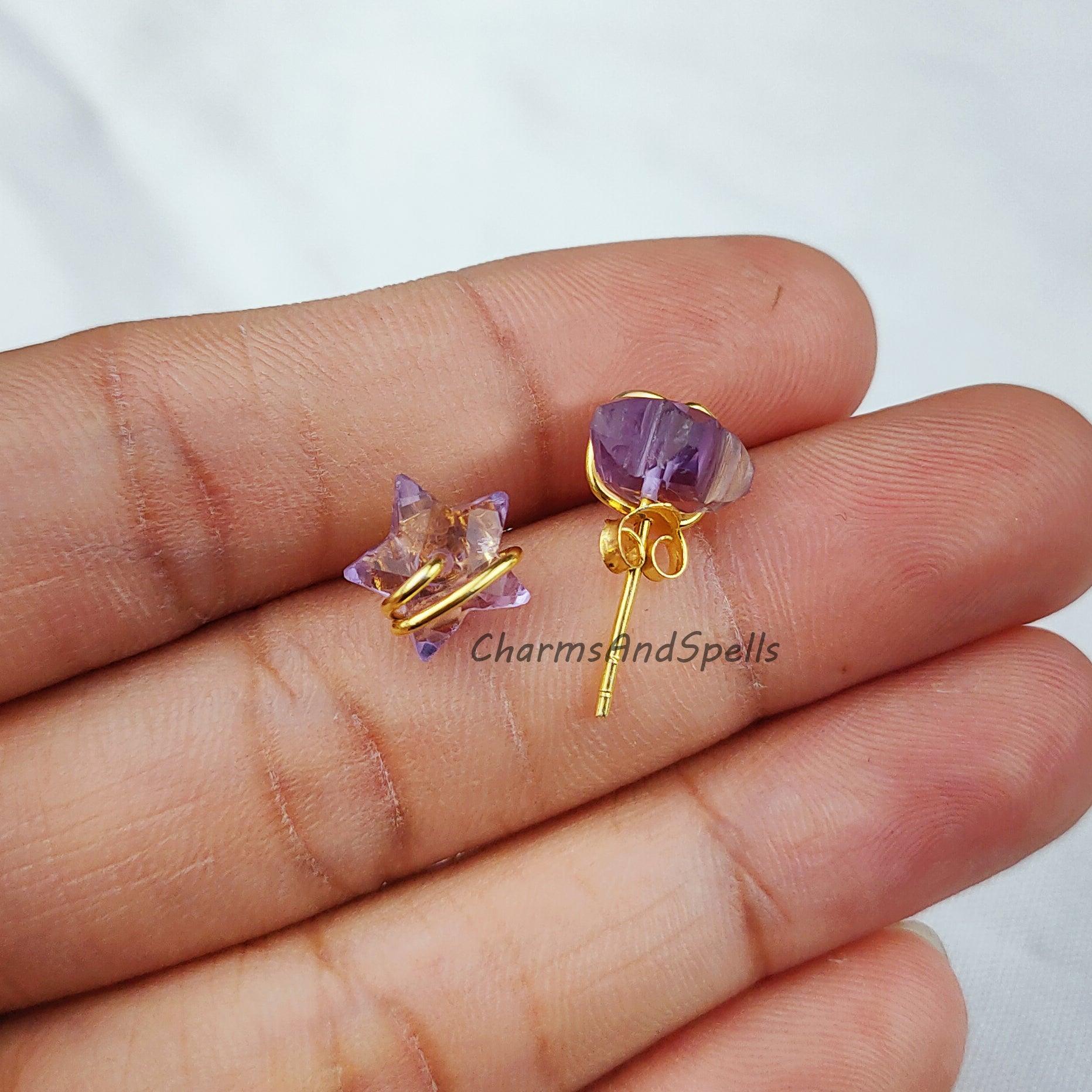 Natural Amethyst Earring, Star Shape Studs, 14K Gold Plated Earrings, Earrings, Purple Wire Wrap Stud Earrings - Charms And Spells