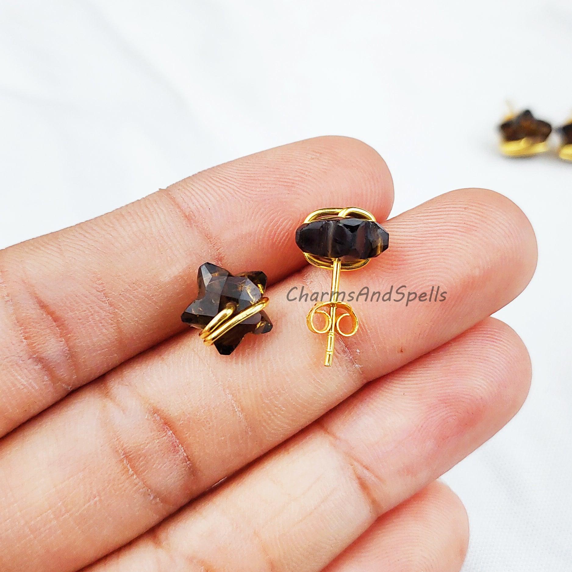 Smoky Quartz Earrings, Star Shape Stud Earrings, Quartz Jewelry, Gemstone Stud Earrings, Small Crystal Stud Earrings - Charms And Spells