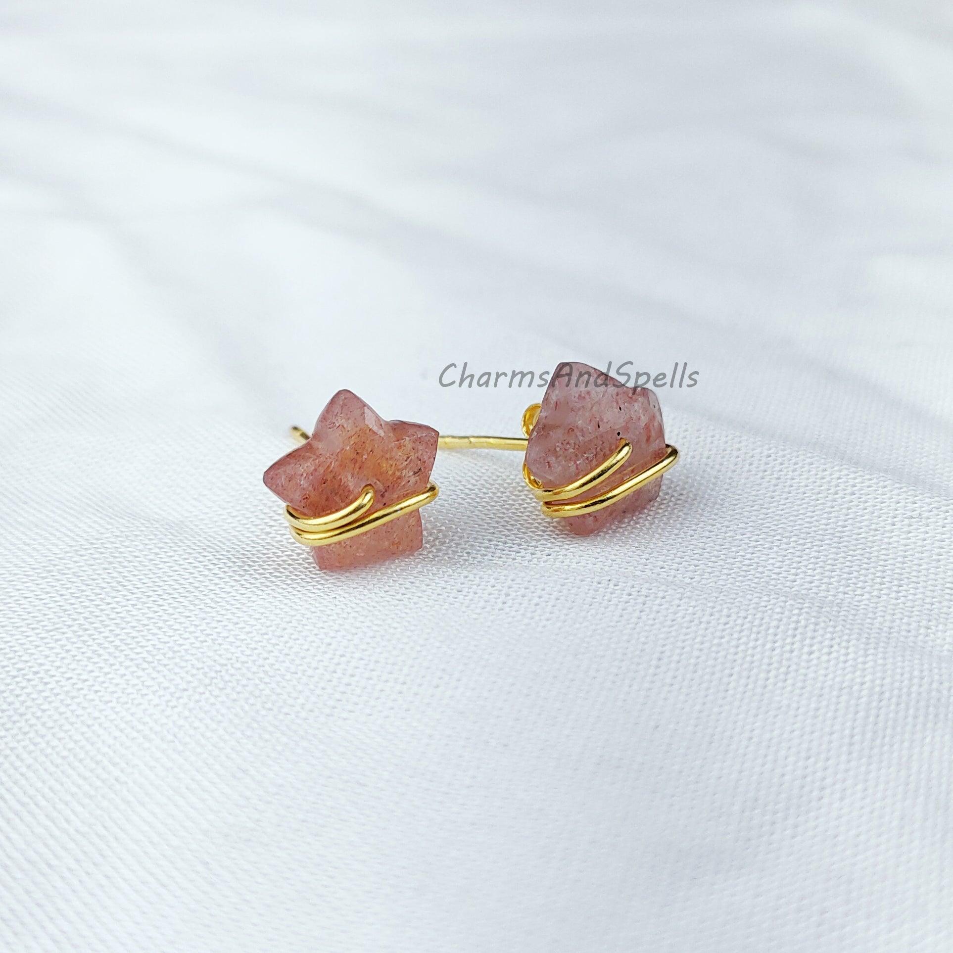 Natural Star shape Strawberry Quartz Studs, Women Jewelry, Star Jewelry, Gemstone Earrings, Pink Stone Earrings, Dainty earrings - Charms And Spells