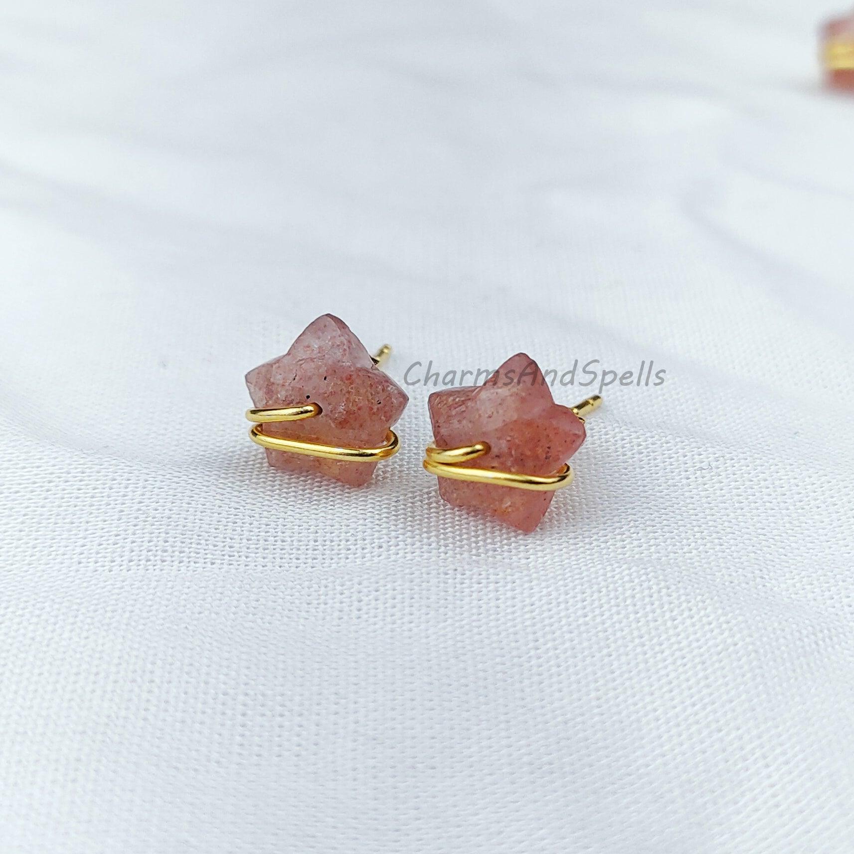 Natural Star shape Strawberry Quartz Studs, Women Jewelry, Star Jewelry, Gemstone Earrings, Pink Stone Earrings, Dainty earrings - Charms And Spells