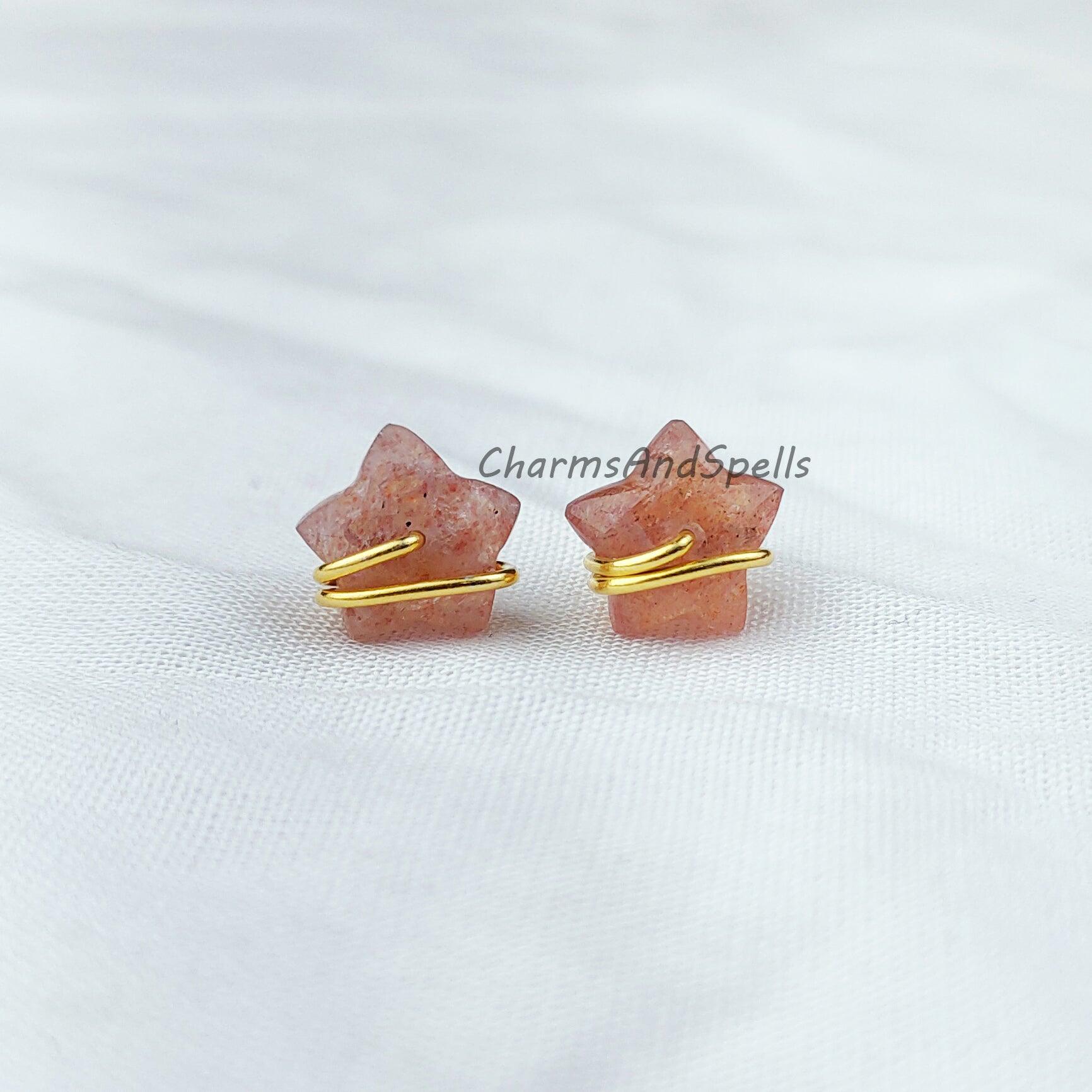 Natural Star shape Strawberry Quartz Studs, Women Jewelry, Star Jewelry, Gemstone Earrings, Pink Stone Earrings, Dainty earrings - Charms And Spells