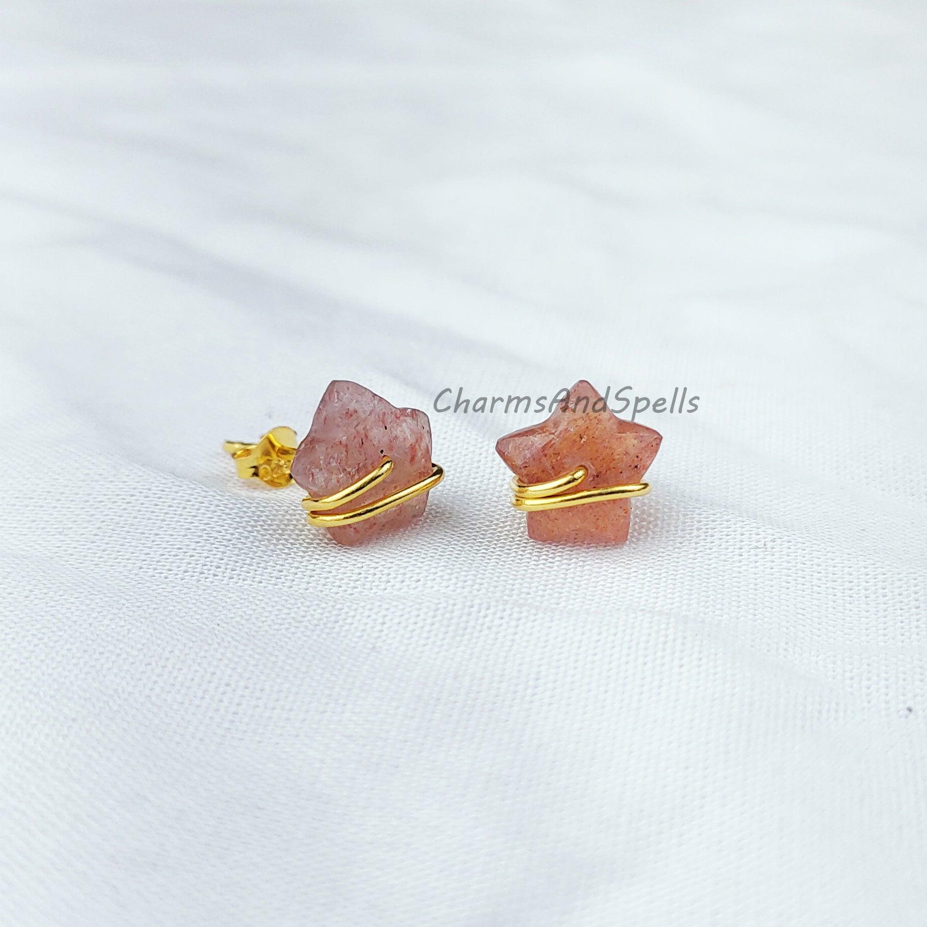 Natural Star shape Strawberry Quartz Studs, Women Jewelry, Star Jewelry, Gemstone Earrings, Pink Stone Earrings, Dainty earrings - Charms And Spells