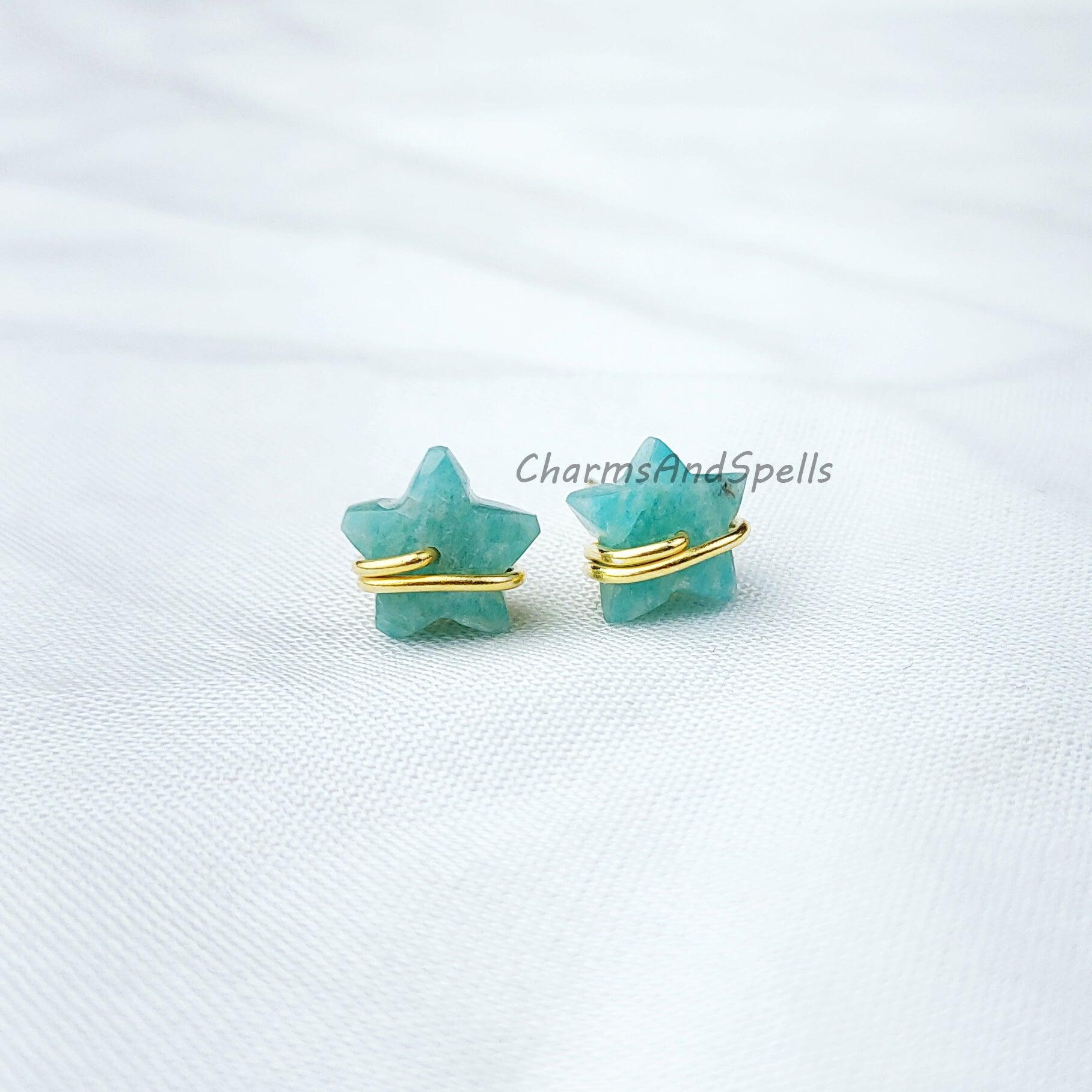 Natural Star Shape Amazonite Studs, Earrings, Amazonite Jewelry, Star Stone Jewelry, Gemstone Earrings, Green Earrings - Charms And Spells