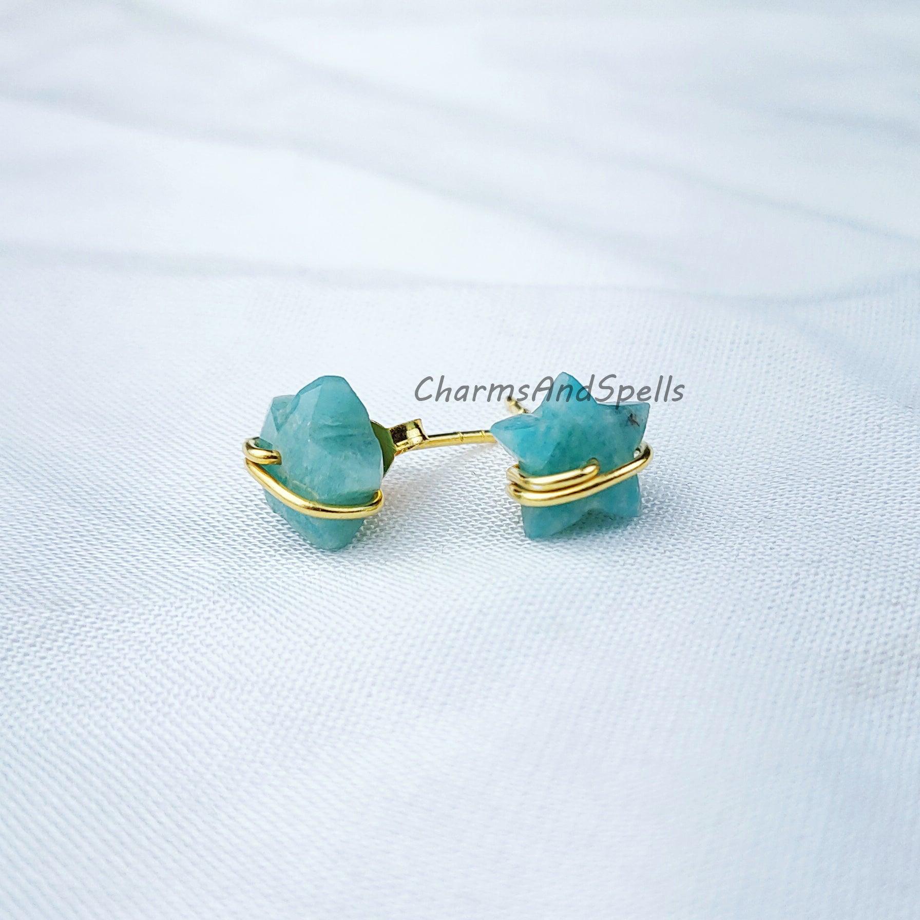 Natural Star Shape Amazonite Studs, Earrings, Amazonite Jewelry, Star Stone Jewelry, Gemstone Earrings, Green Earrings - Charms And Spells