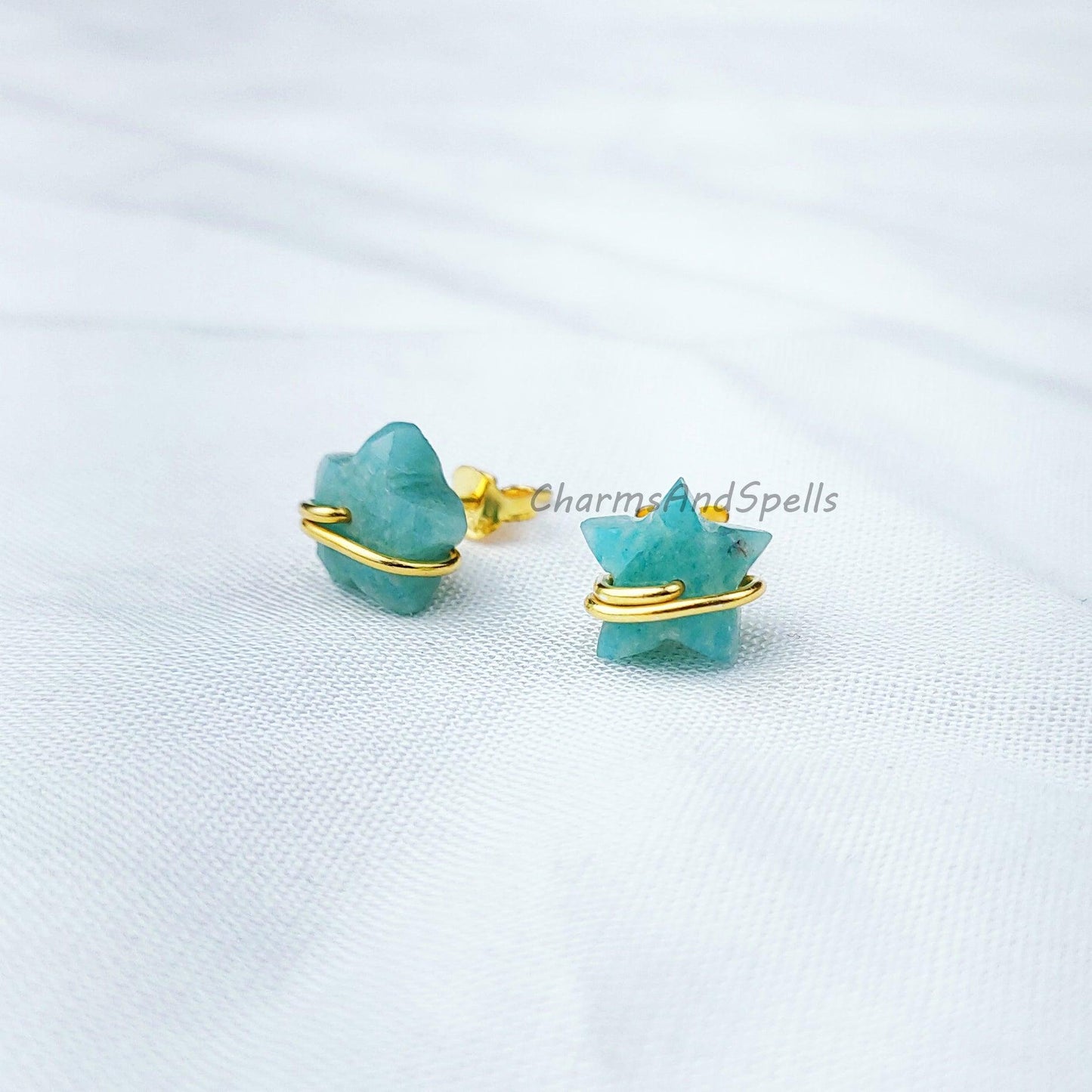 Natural Star Shape Amazonite Studs, Earrings, Amazonite Jewelry, Star Stone Jewelry, Gemstone Earrings, Green Earrings - Charms And Spells