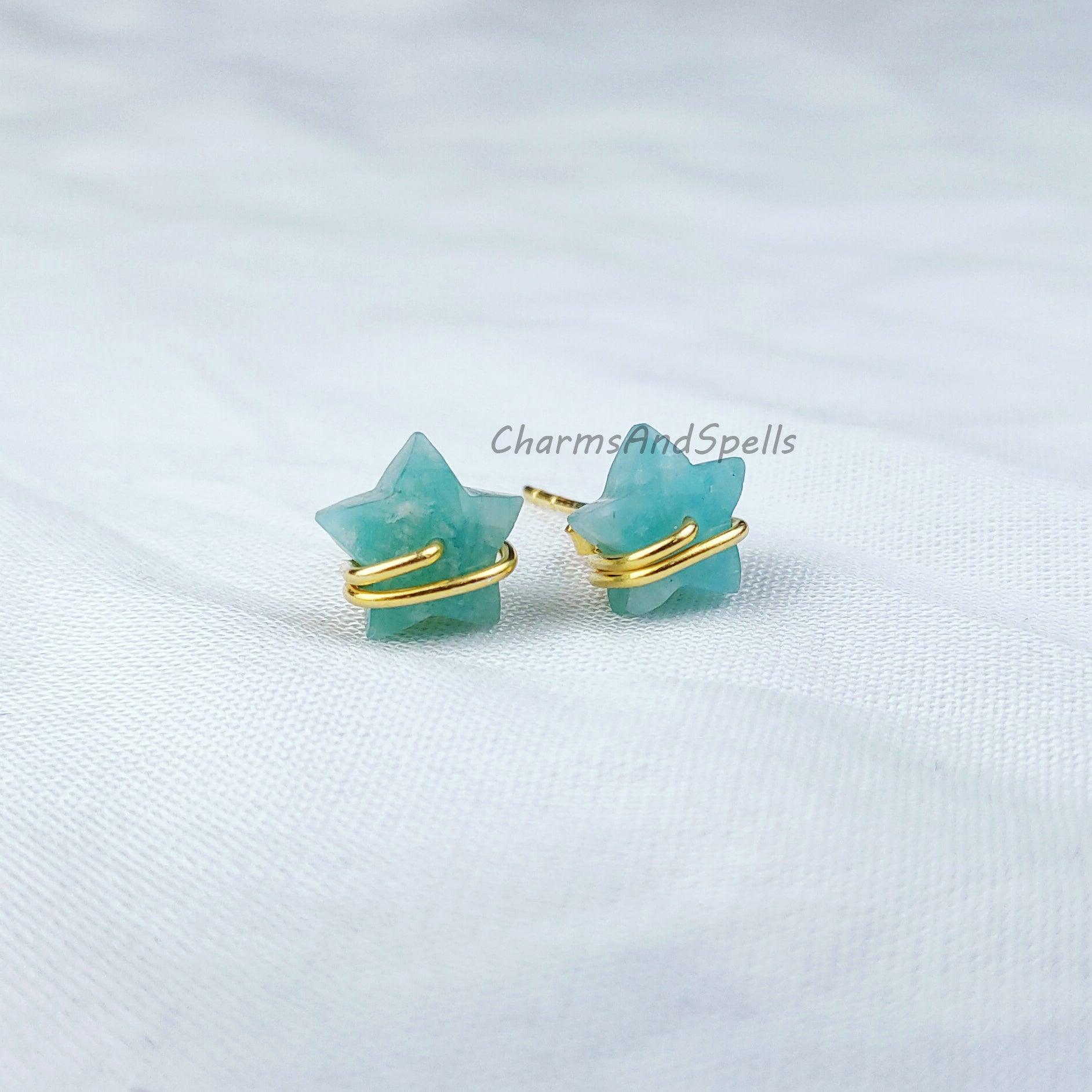 Natural Star Shape Amazonite Studs, Earrings, Amazonite Jewelry, Star Stone Jewelry, Gemstone Earrings, Green Earrings - Charms And Spells