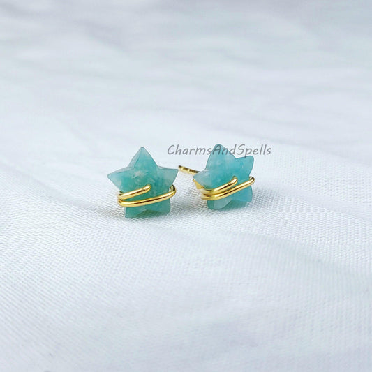 Natural Star Shape Amazonite Studs, Earrings, Amazonite Jewelry, Star Stone Jewelry, Gemstone Earrings, Green Earrings - Charms And Spells