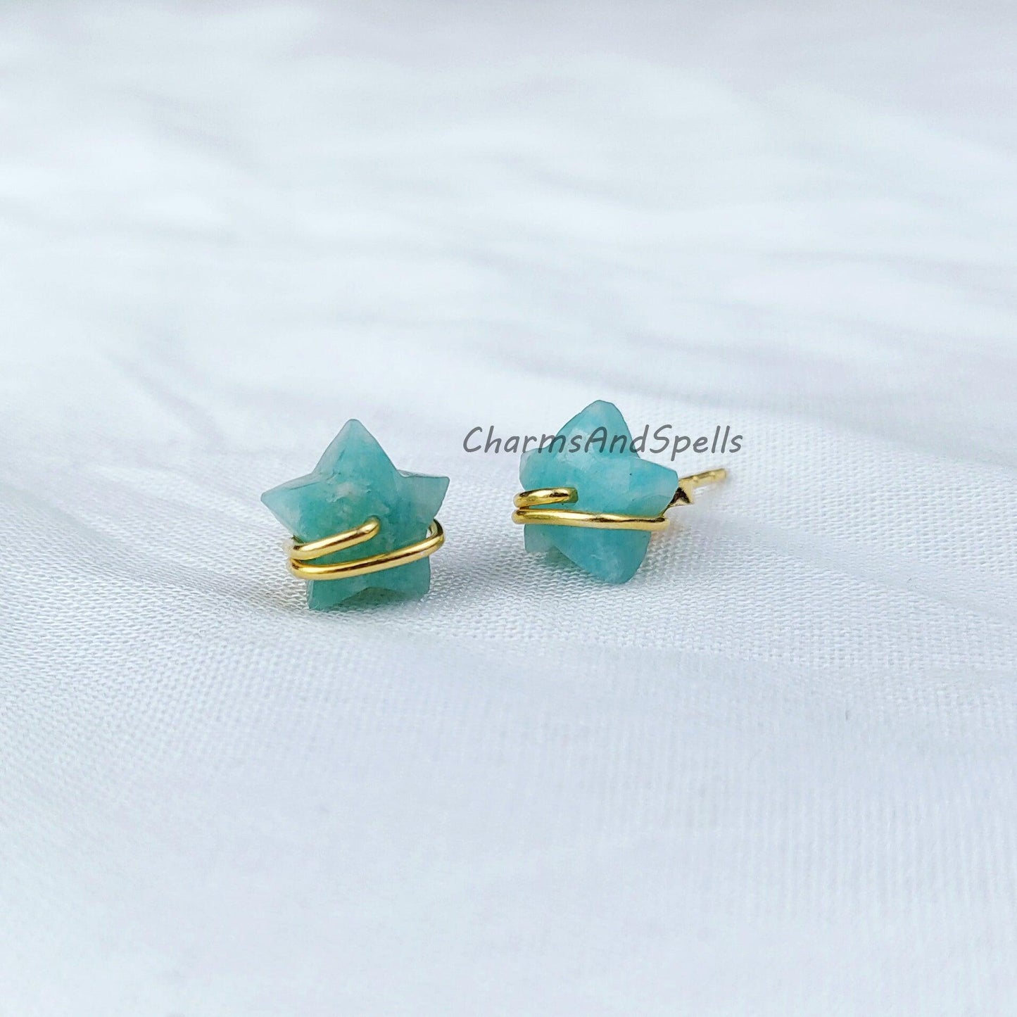 Natural Star Shape Amazonite Studs, Earrings, Amazonite Jewelry, Star Stone Jewelry, Gemstone Earrings, Green Earrings - Charms And Spells