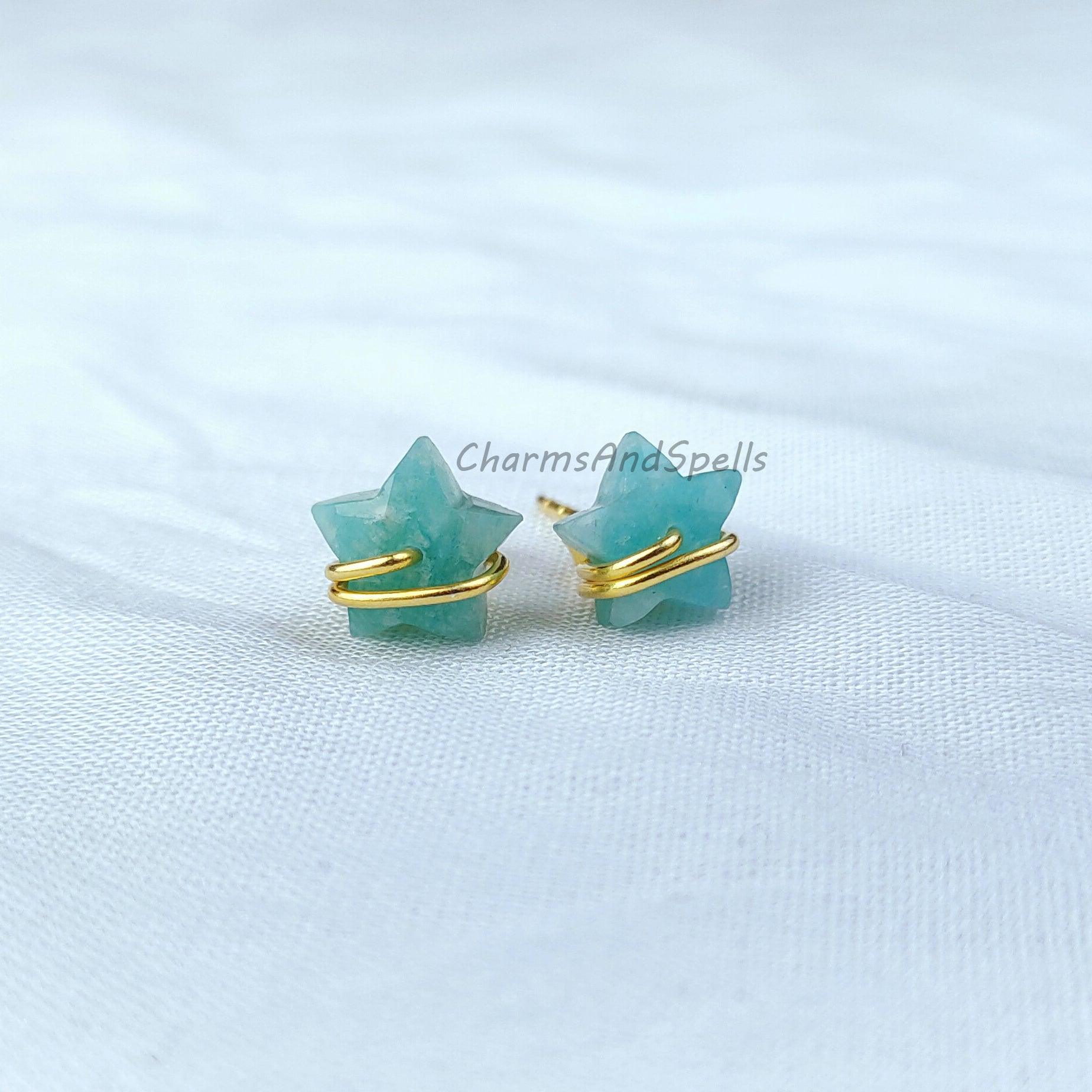 Natural Star Shape Amazonite Studs, Earrings, Amazonite Jewelry, Star Stone Jewelry, Gemstone Earrings, Green Earrings - Charms And Spells