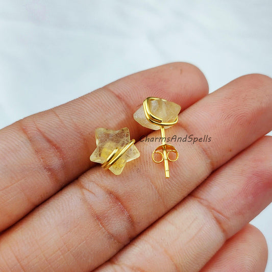 Natural Citrine Stud Earrings, Dainty Earrings Stud, Star Stud Earrings, Dainty Gemstone Earrings, Wholesale Suppliers - Charms And Spells