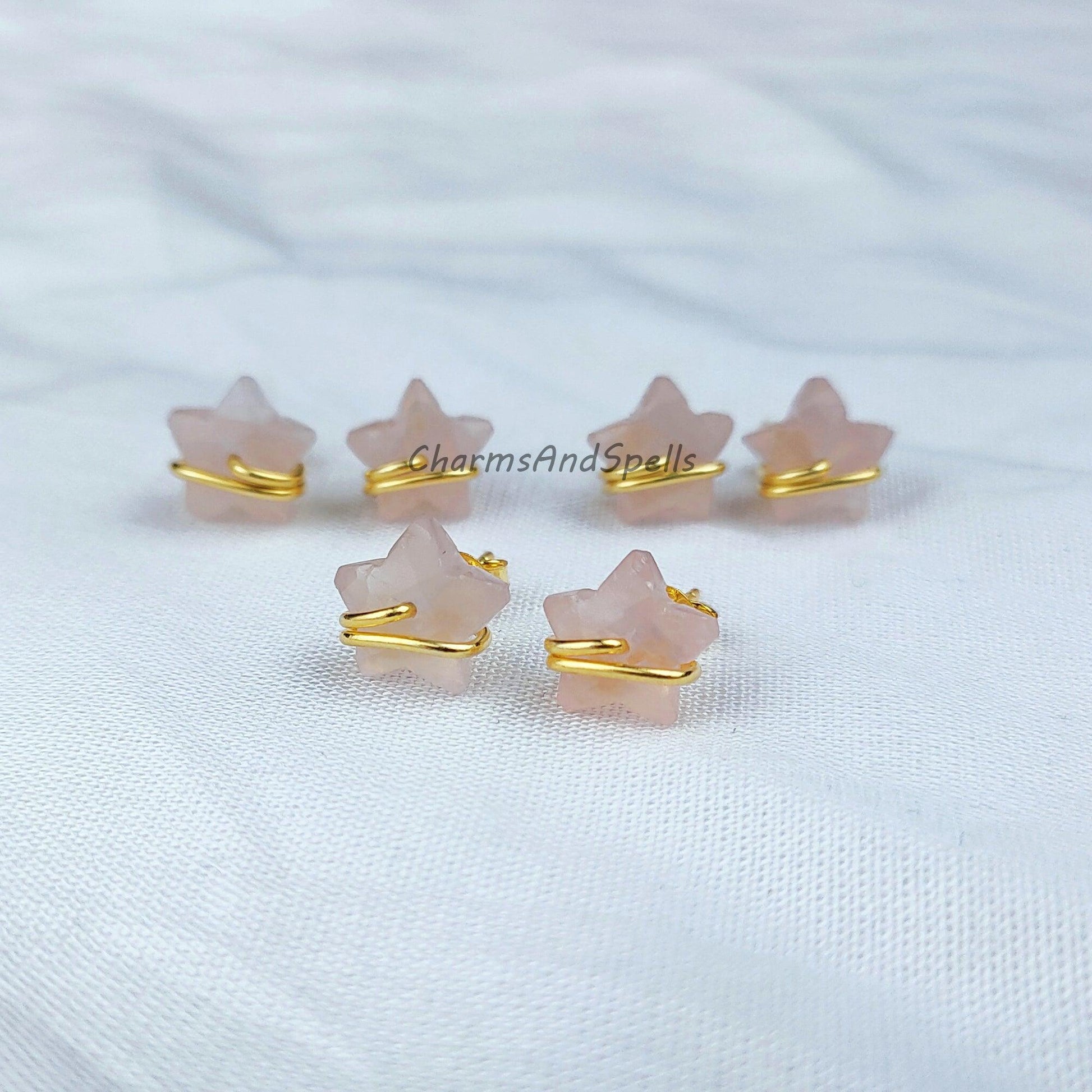 Natural Rose Quartz Star Earrings, Pink Jewelry, Tiny Gold Plated Studs, Wire Wrap Studs, Gift For Her, Dainty Earrings - Charms And Spells