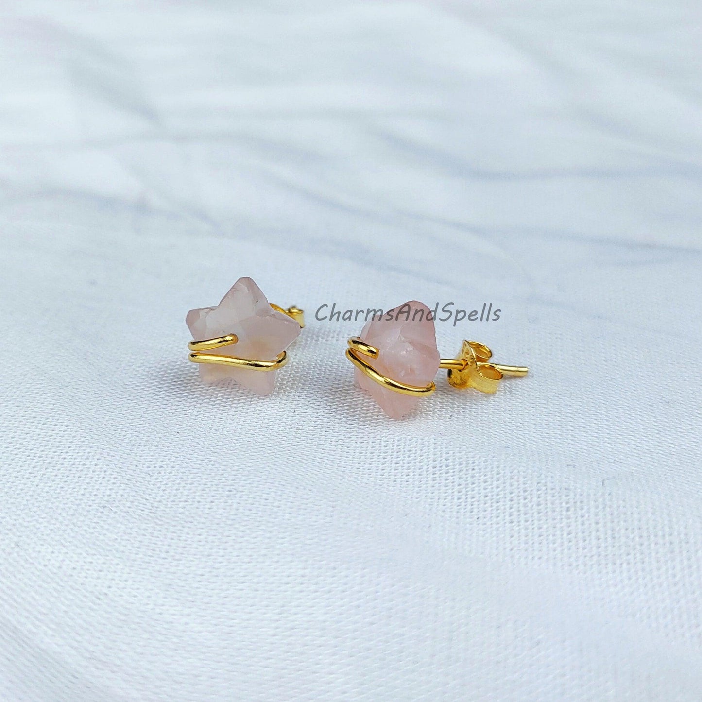 Natural Rose Quartz Star Earrings, Pink Jewelry, Tiny Gold Plated Studs, Wire Wrap Studs, Gift For Her, Dainty Earrings - Charms And Spells