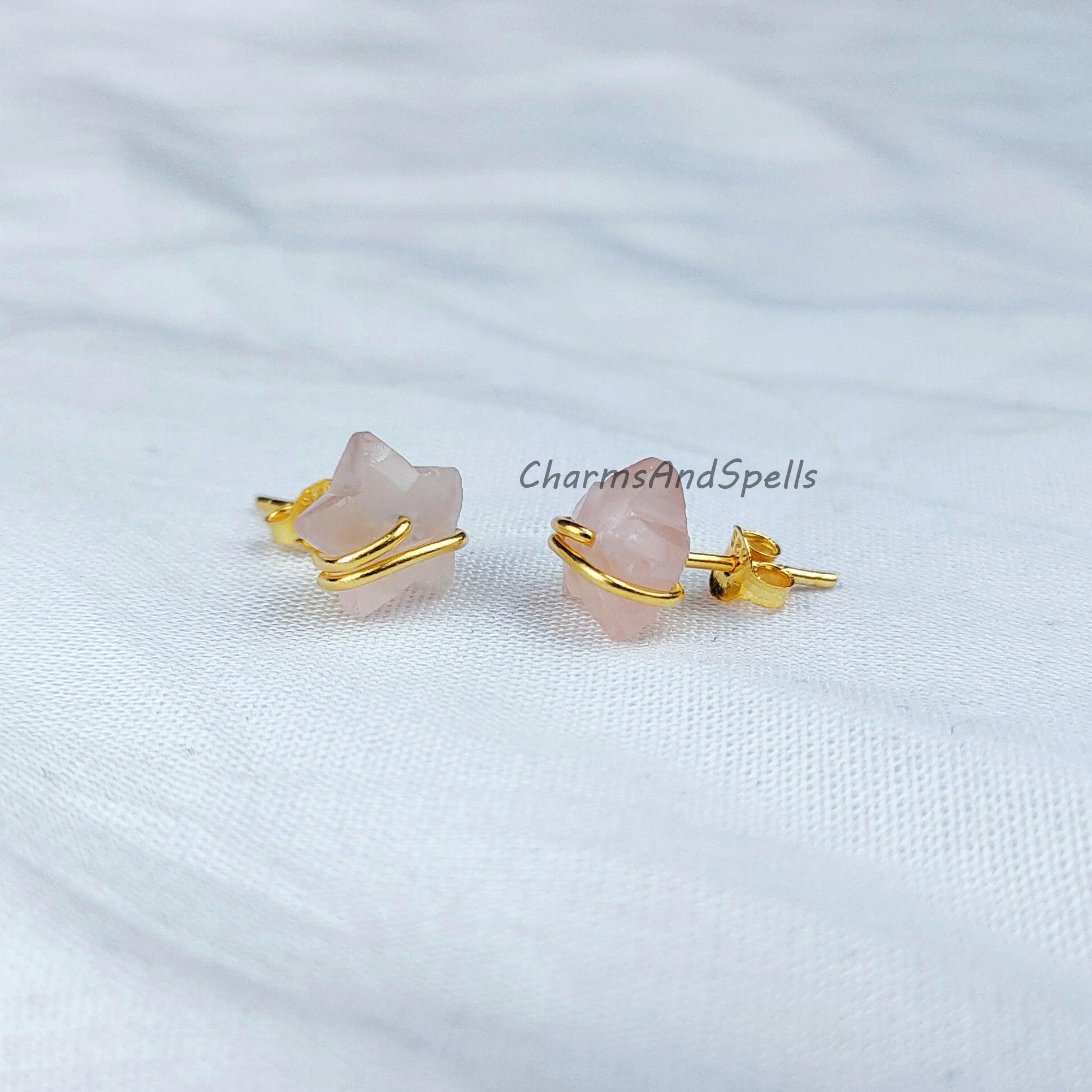 Natural Rose Quartz Star Earrings, Pink Jewelry, Tiny Gold Plated Studs, Wire Wrap Studs, Gift For Her, Dainty Earrings - Charms And Spells