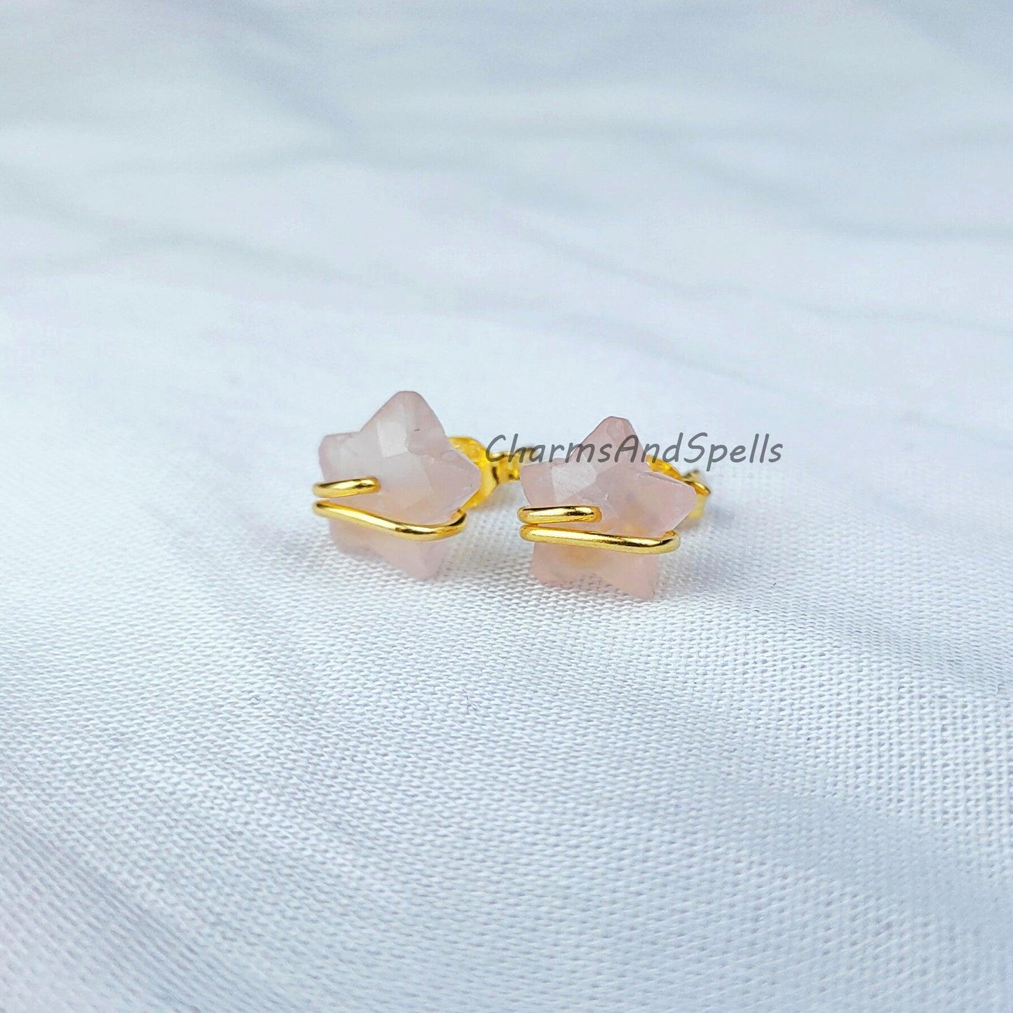 Natural Rose Quartz Star Earrings, Pink Jewelry, Tiny Gold Plated Studs, Wire Wrap Studs, Gift For Her, Dainty Earrings - Charms And Spells