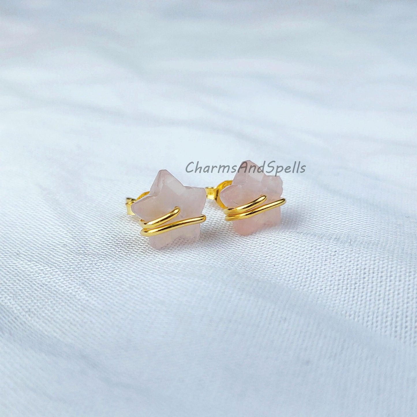 Natural Rose Quartz Star Earrings, Pink Jewelry, Tiny Gold Plated Studs, Wire Wrap Studs, Gift For Her, Dainty Earrings - Charms And Spells