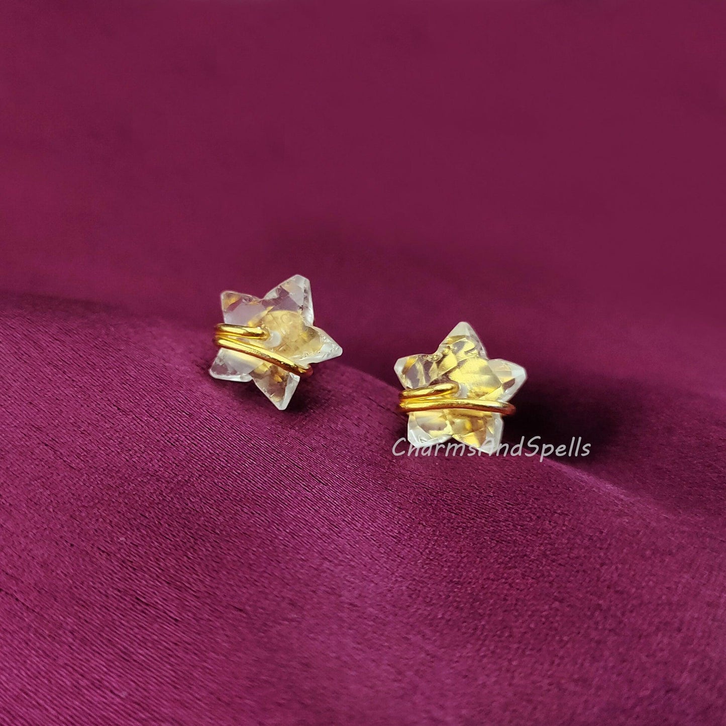 Star Shape Clear Crystal Earrings, Wire Wrap Studs, Dainty Stone Earrings, Ethic Earrings, Gemstone Earrings, Star Women Earrings Stud - Charms And Spells