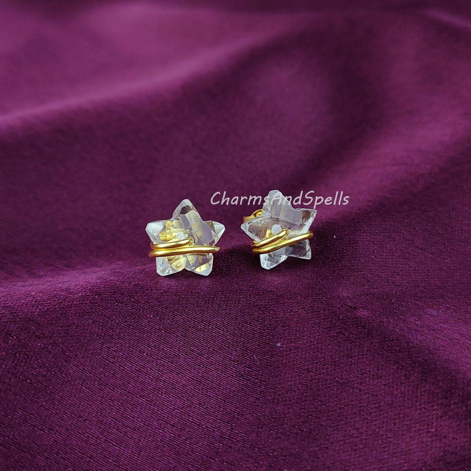 Star Shape Clear Crystal Earrings, Wire Wrap Studs, Dainty Stone Earrings, Ethic Earrings, Gemstone Earrings, Star Women Earrings Stud - Charms And Spells