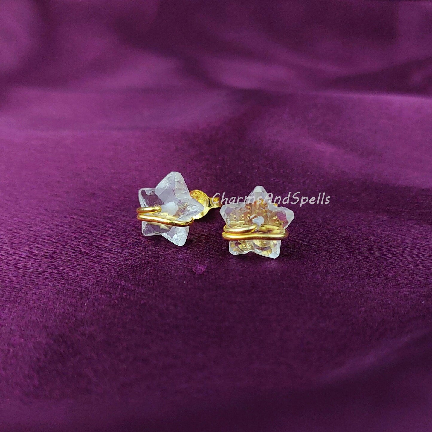 Star Shape Clear Crystal Earrings, Wire Wrap Studs, Dainty Stone Earrings, Ethic Earrings, Gemstone Earrings, Star Women Earrings Stud - Charms And Spells