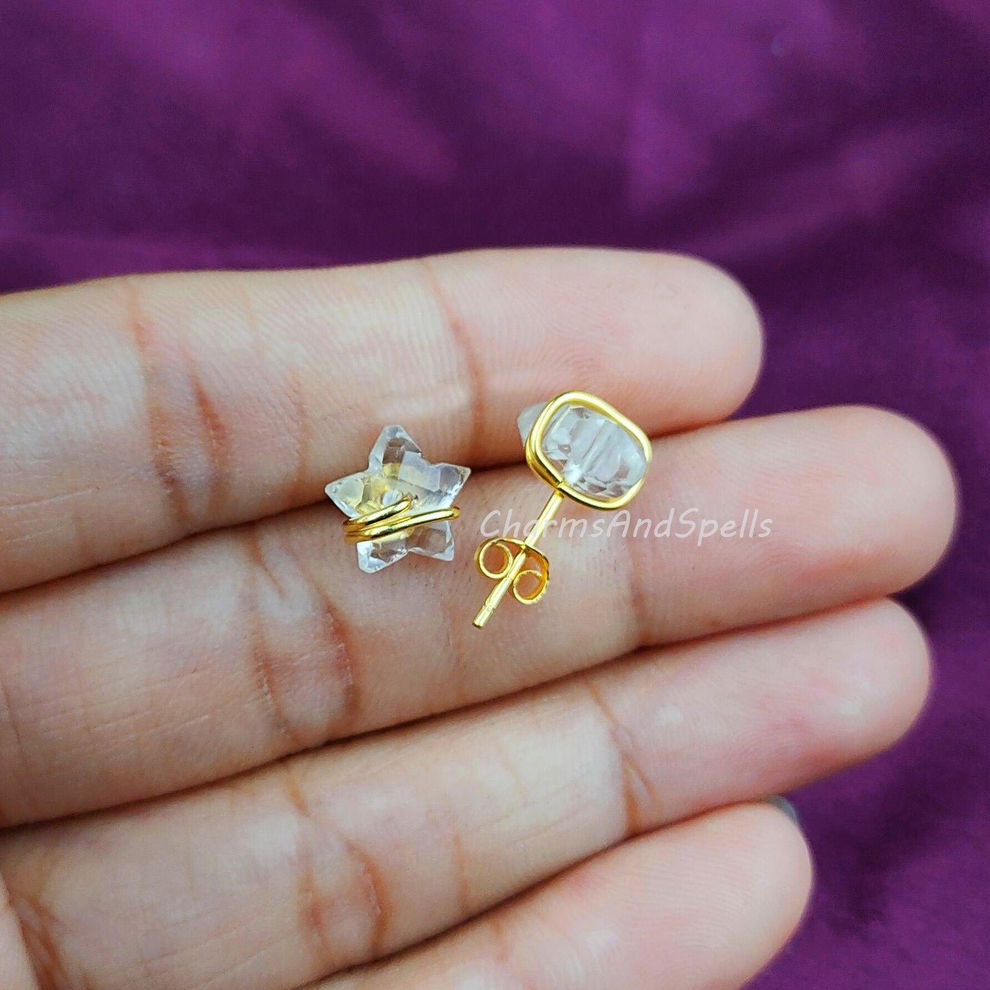 Star Shape Clear Crystal Earrings, Wire Wrap Studs, Dainty Stone Earrings, Ethic Earrings, Gemstone Earrings, Star Women Earrings Stud - Charms And Spells