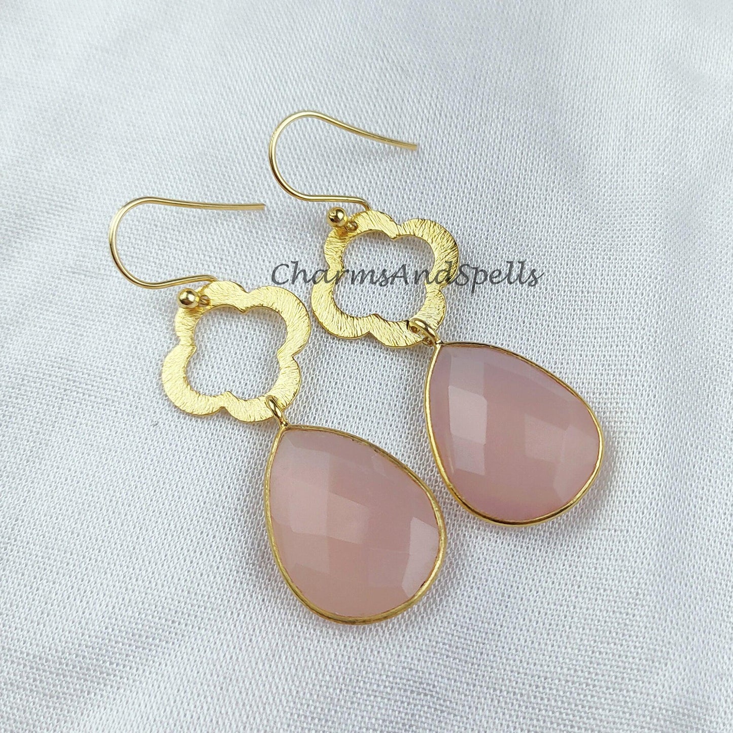 Natural Rose Quartz Earrings, Women Earrings, Gemstone Earrings, Gold Plated Earrings, Teardrop Earring - Charms And Spells