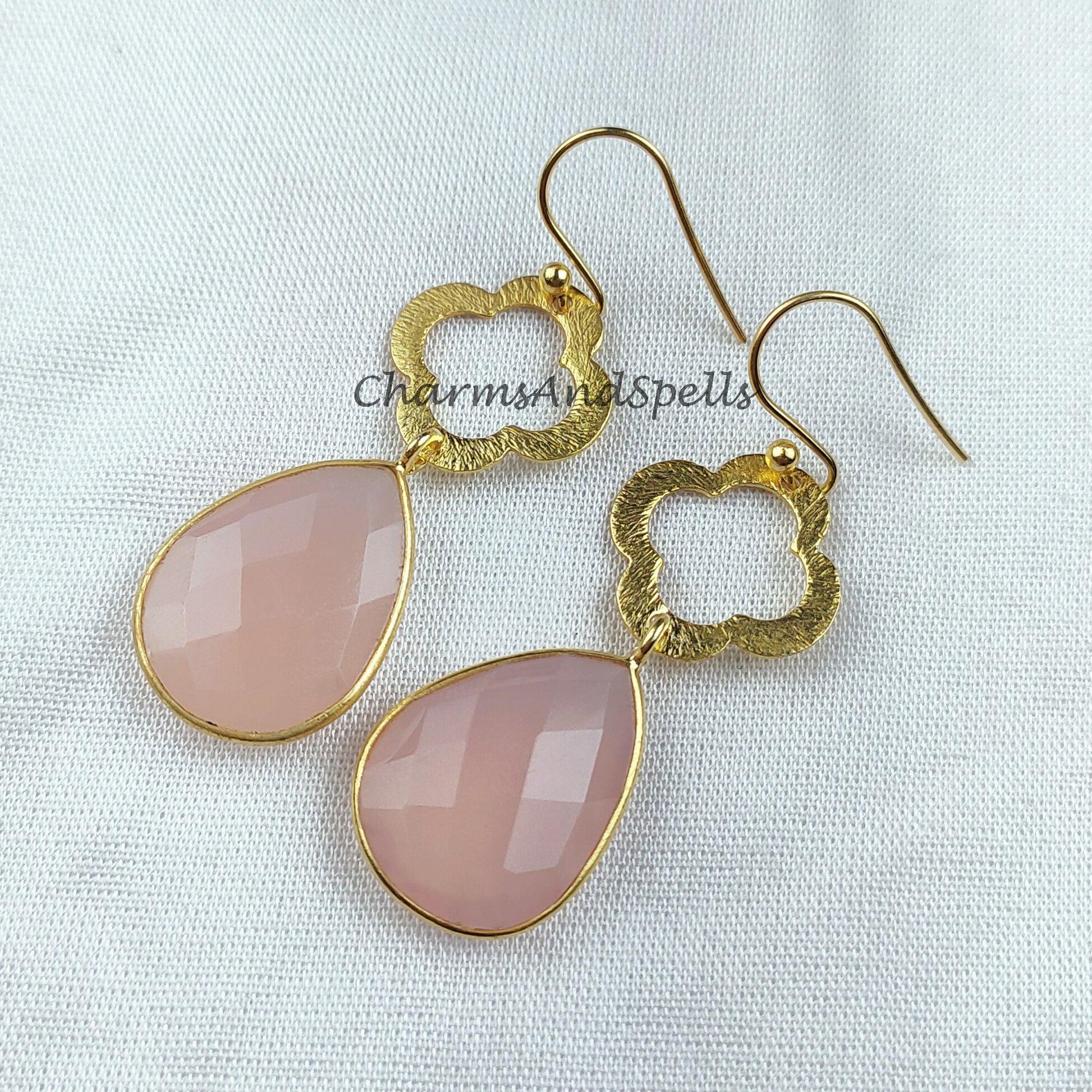 Natural Rose Quartz Earrings, Women Earrings, Gemstone Earrings, Gold Plated Earrings, Teardrop Earring - Charms And Spells