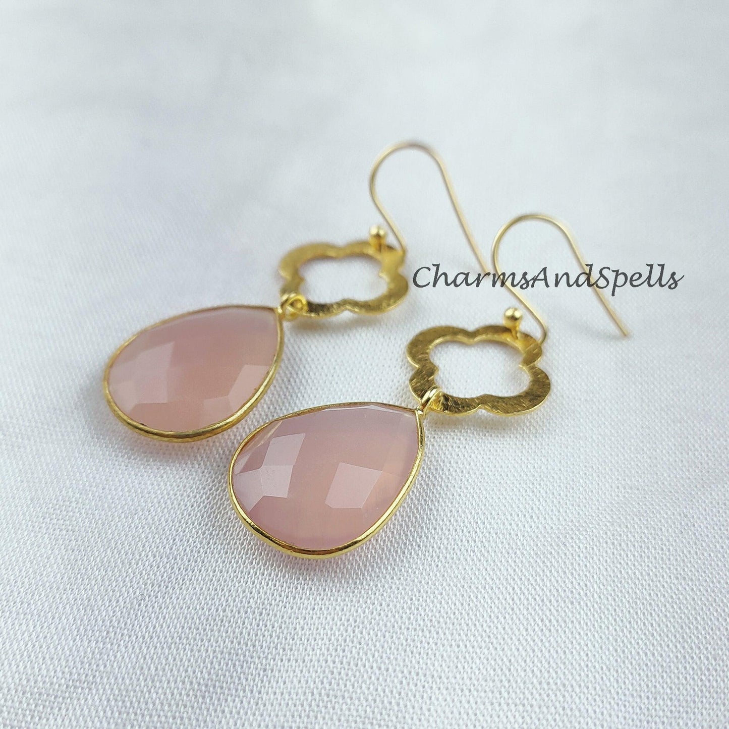 Natural Rose Quartz Earrings, Women Earrings, Gemstone Earrings, Gold Plated Earrings, Teardrop Earring - Charms And Spells