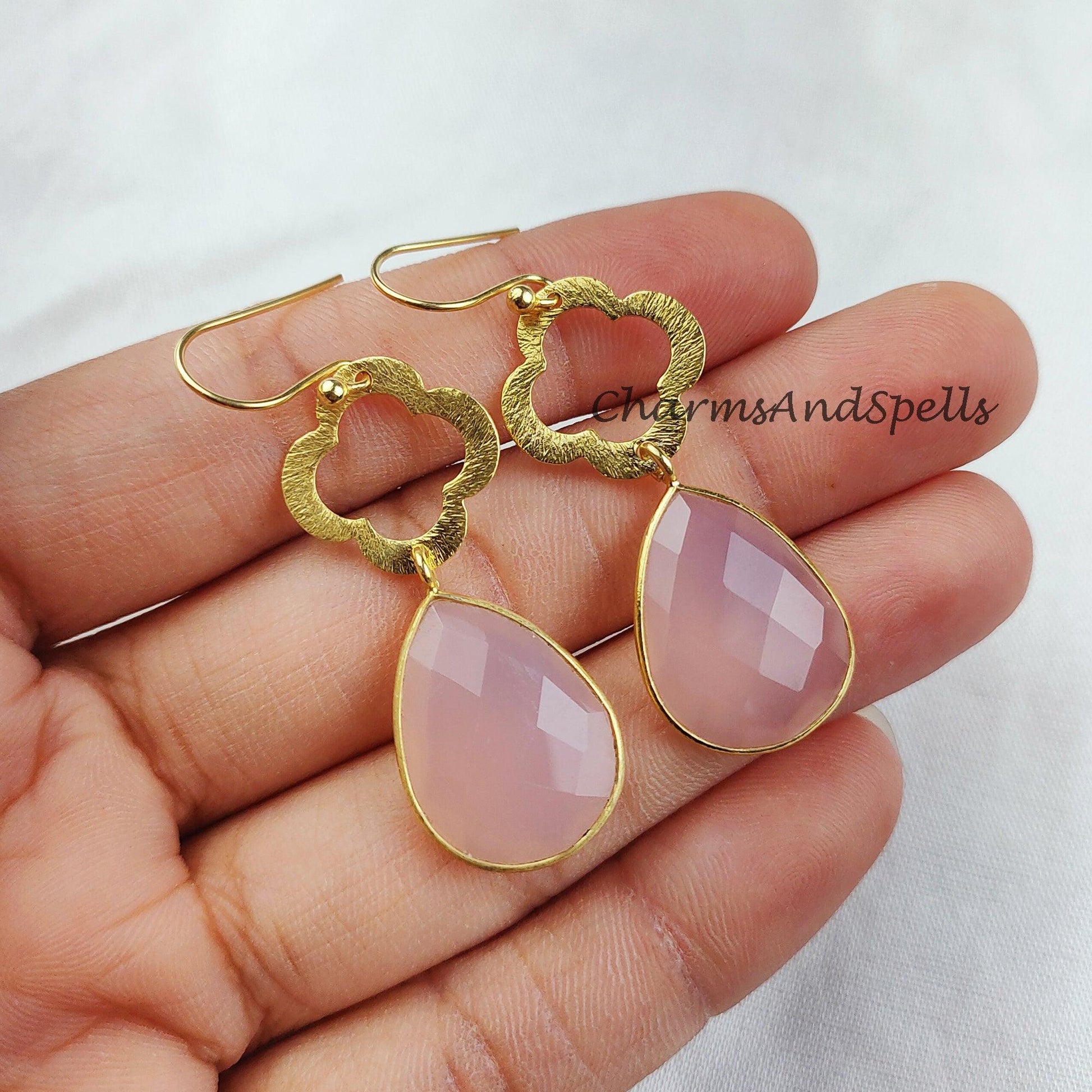 Natural Rose Quartz Earrings, Women Earrings, Gemstone Earrings, Gold Plated Earrings, Teardrop Earring - Charms And Spells