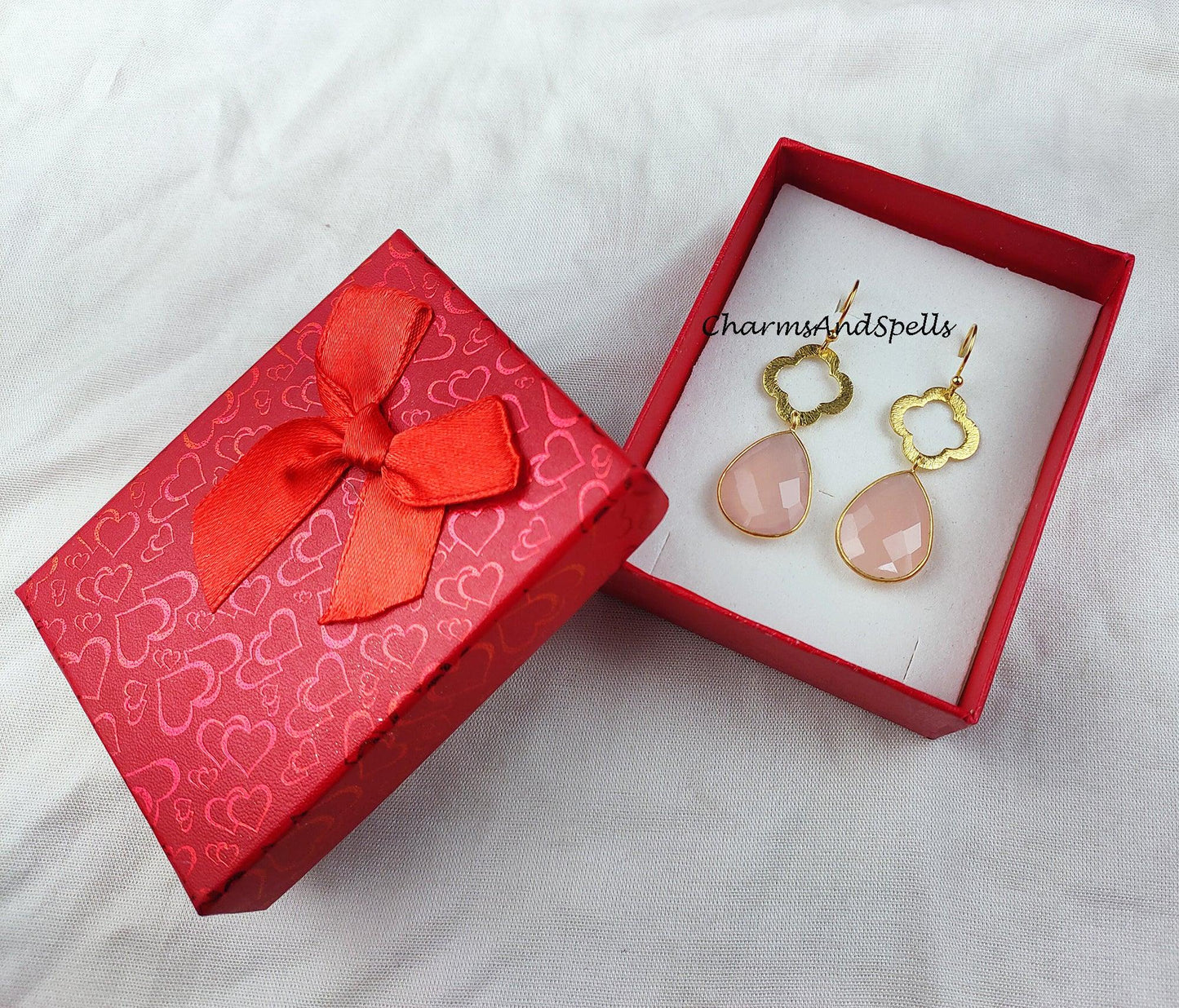 Natural Rose Quartz Earrings, Women Earrings, Gemstone Earrings, Gold Plated Earrings, Teardrop Earring - Charms And Spells