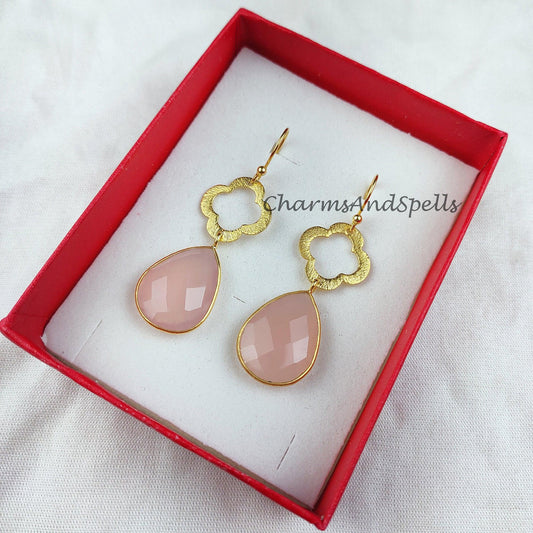 Natural Rose Quartz Earrings, Women Earrings, Gemstone Earrings, Gold Plated Earrings, Teardrop Earring - Charms And Spells