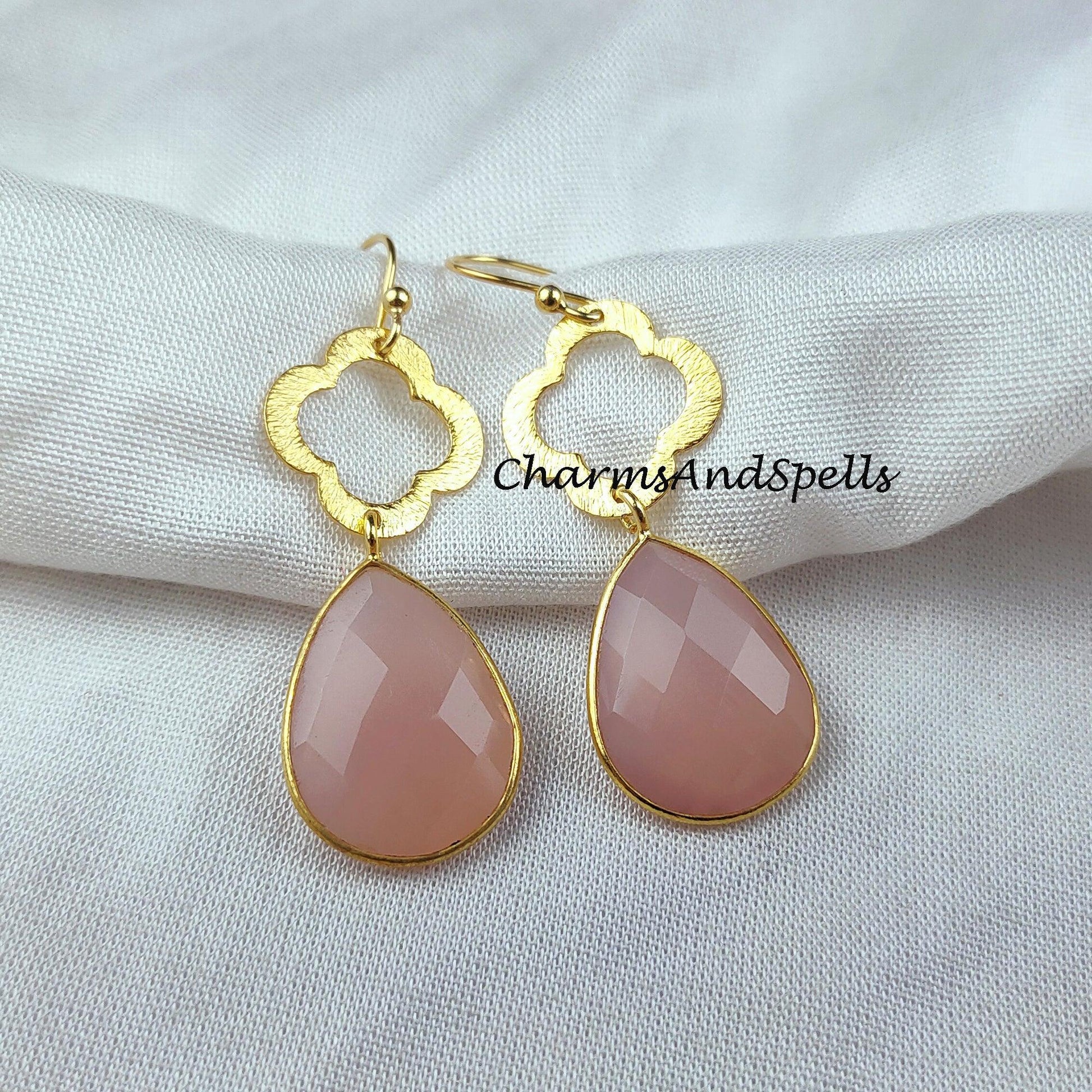 Natural Rose Quartz Earrings, Women Earrings, Gemstone Earrings, Gold Plated Earrings, Teardrop Earring - Charms And Spells