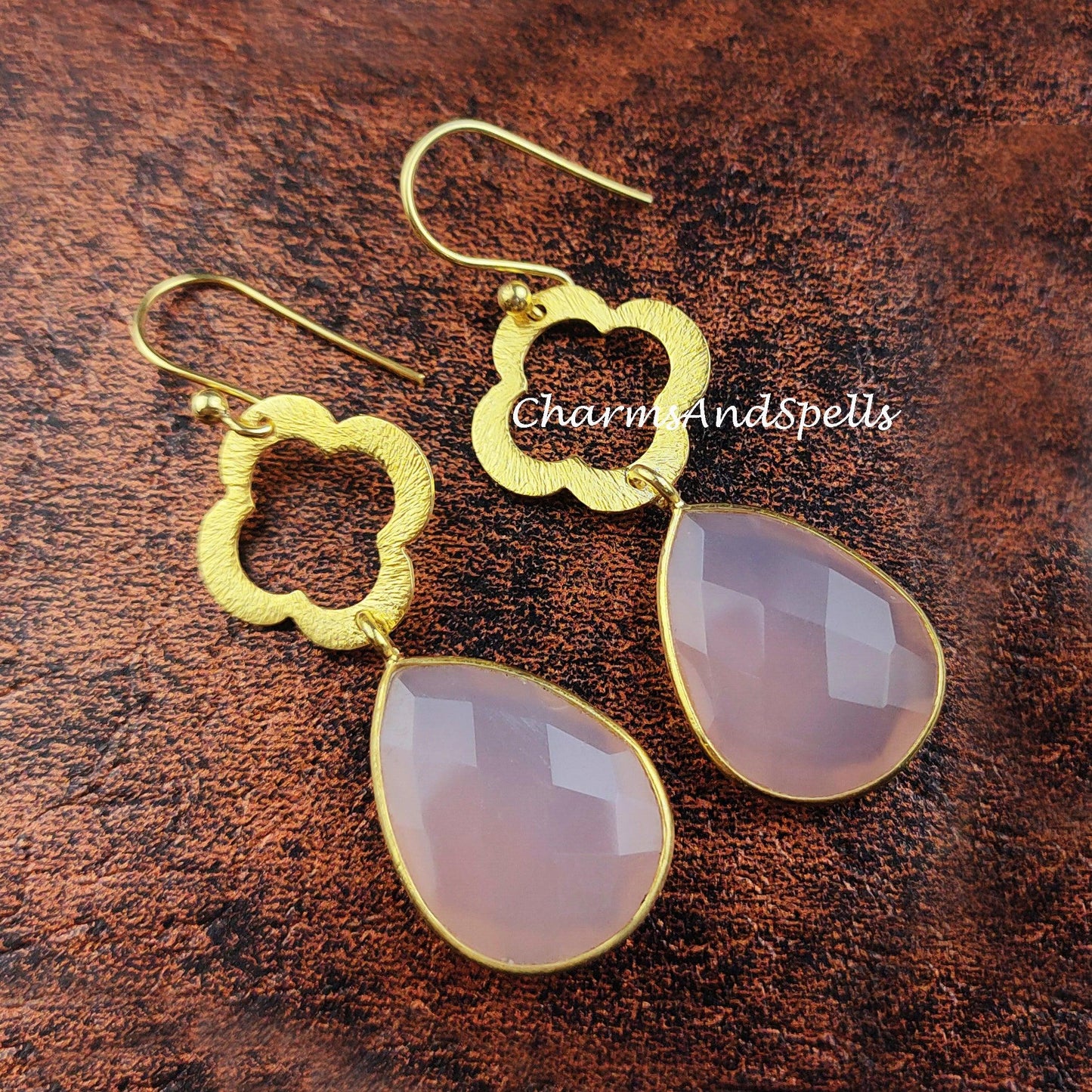 Natural Rose Quartz Earrings, Women Earrings, Gemstone Earrings, Gold Plated Earrings, Teardrop Earring - Charms And Spells