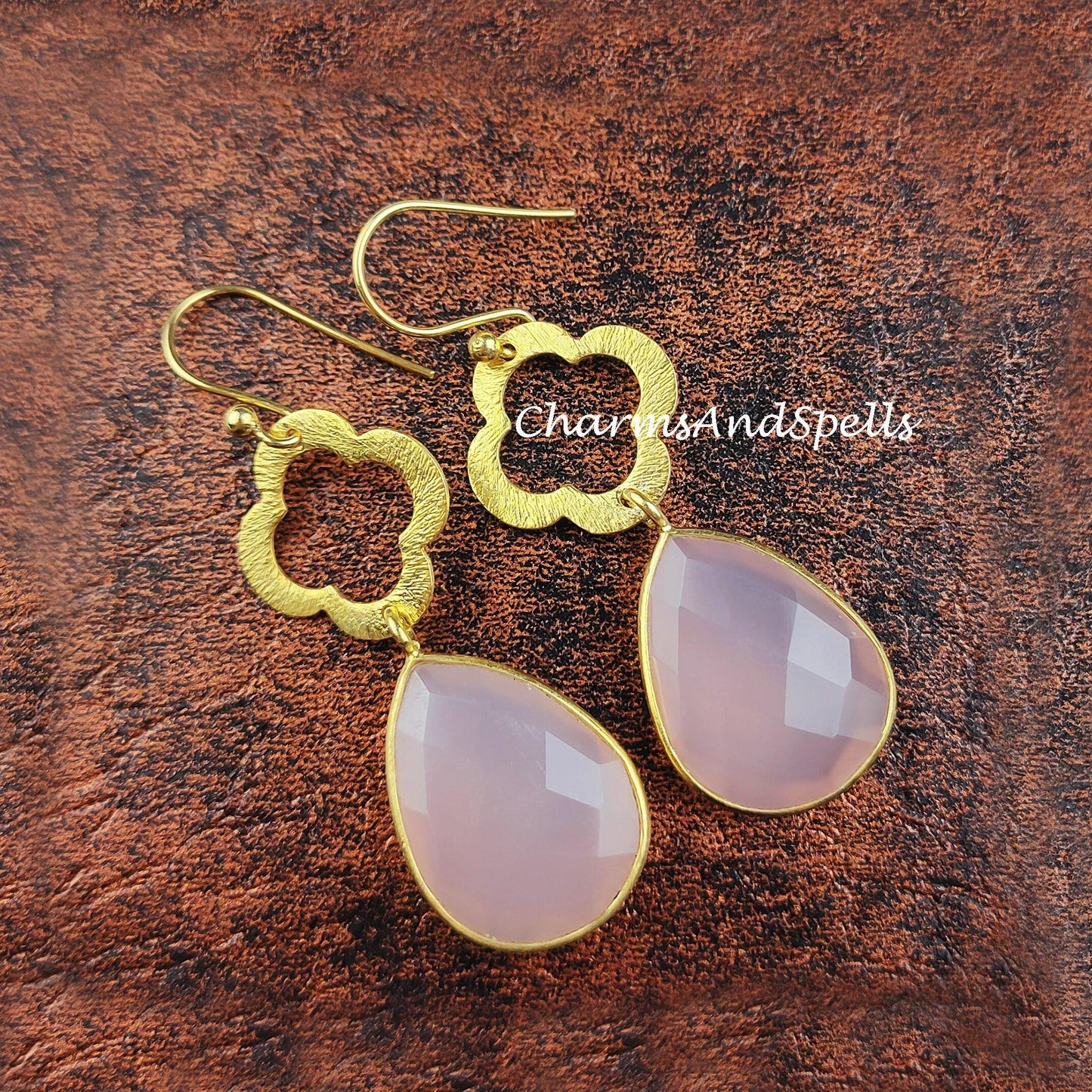 Natural Rose Quartz Earrings, Women Earrings, Gemstone Earrings, Gold Plated Earrings, Teardrop Earring - Charms And Spells