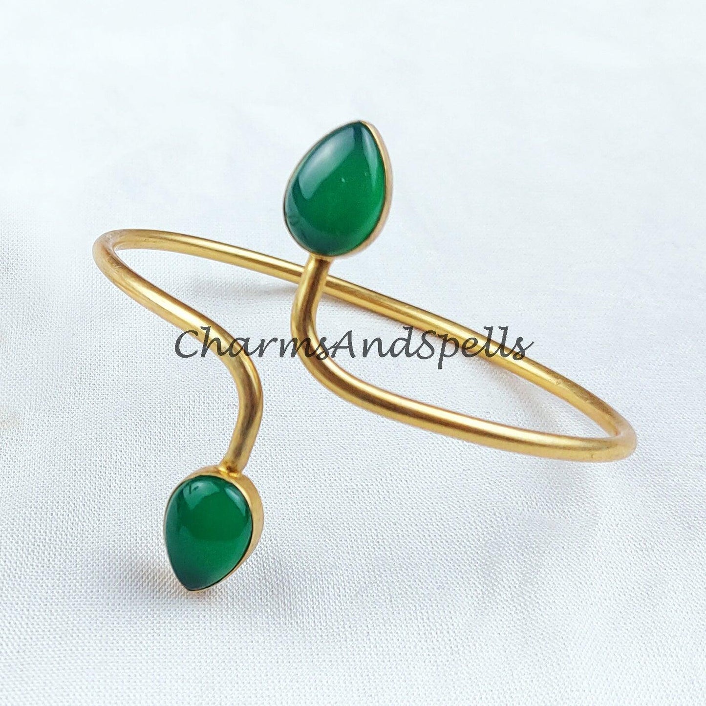 Green onyx gemstone bangle, gold plated handmade bangle, boho bangle, adjustable bangle, Green stone bangle - Charms And Spells