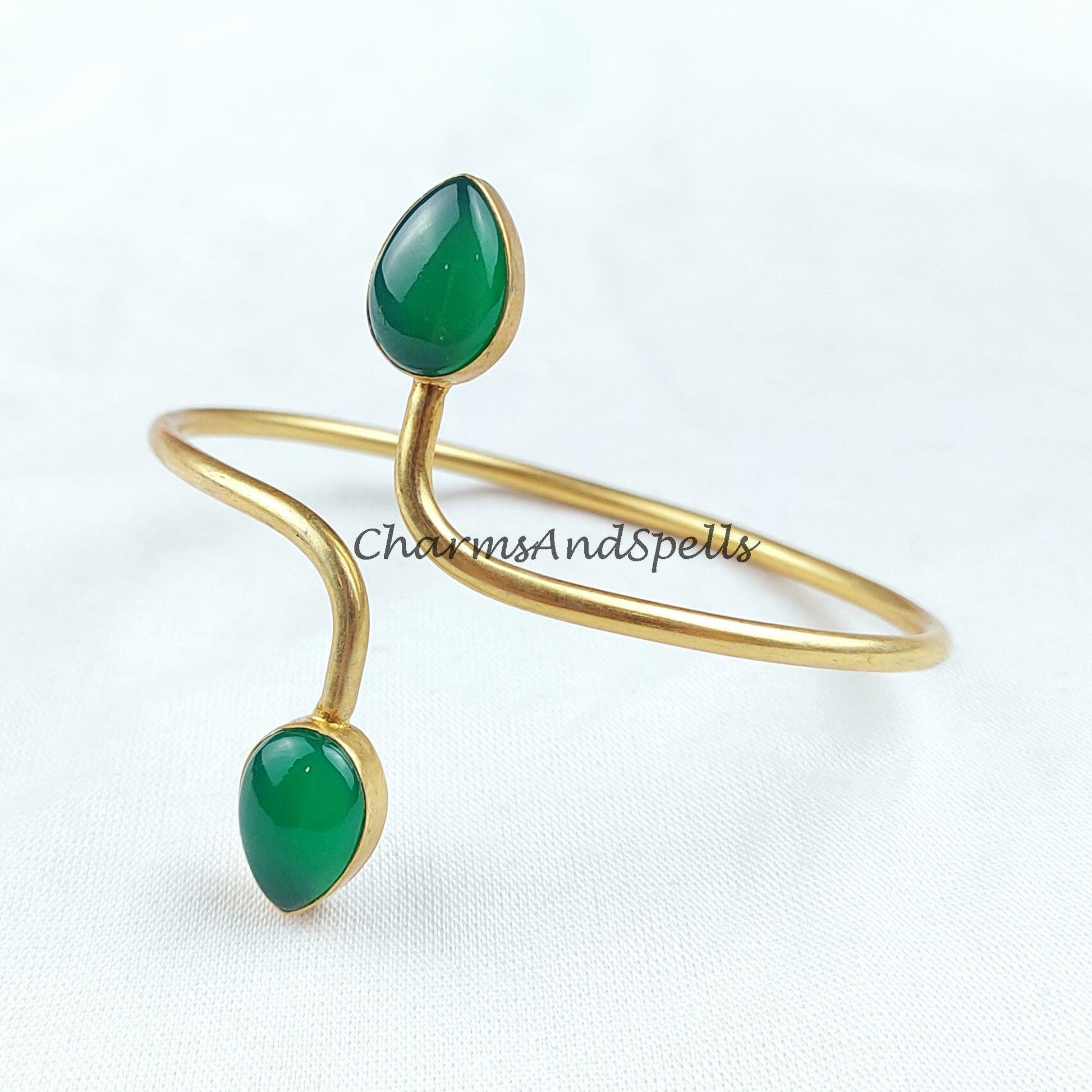 Green onyx gemstone bangle, gold plated handmade bangle, boho bangle, adjustable bangle, Green stone bangle - Charms And Spells