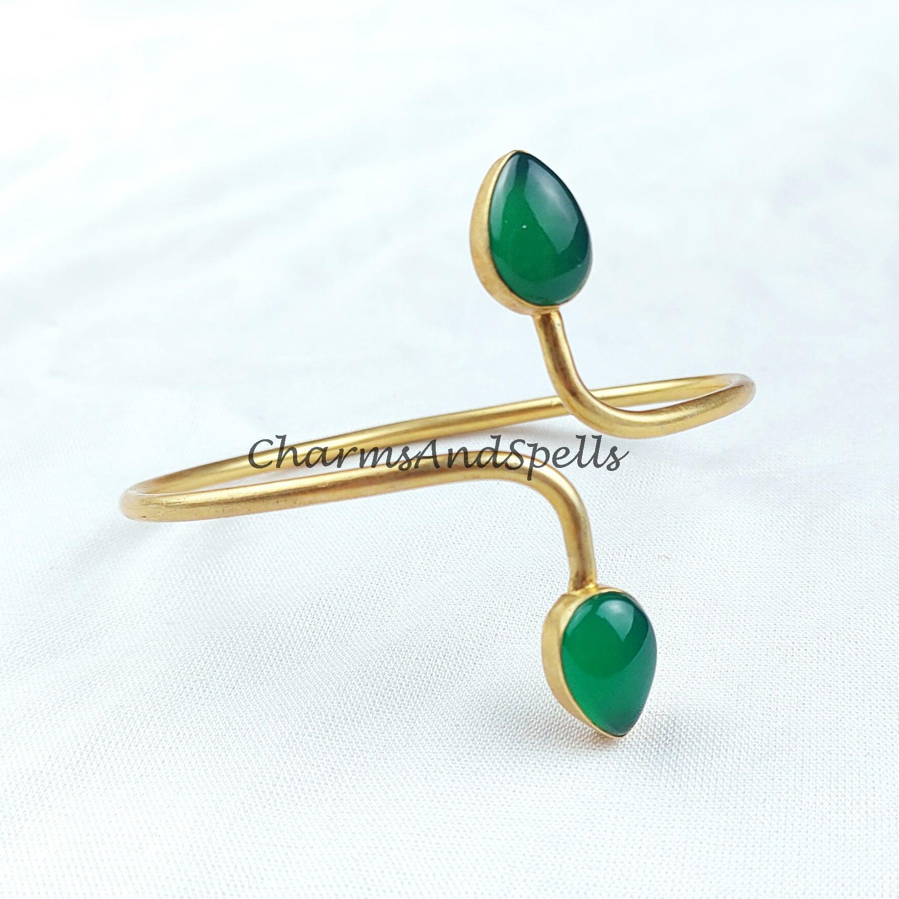 Green onyx gemstone bangle, gold plated handmade bangle, boho bangle, adjustable bangle, Green stone bangle - Charms And Spells