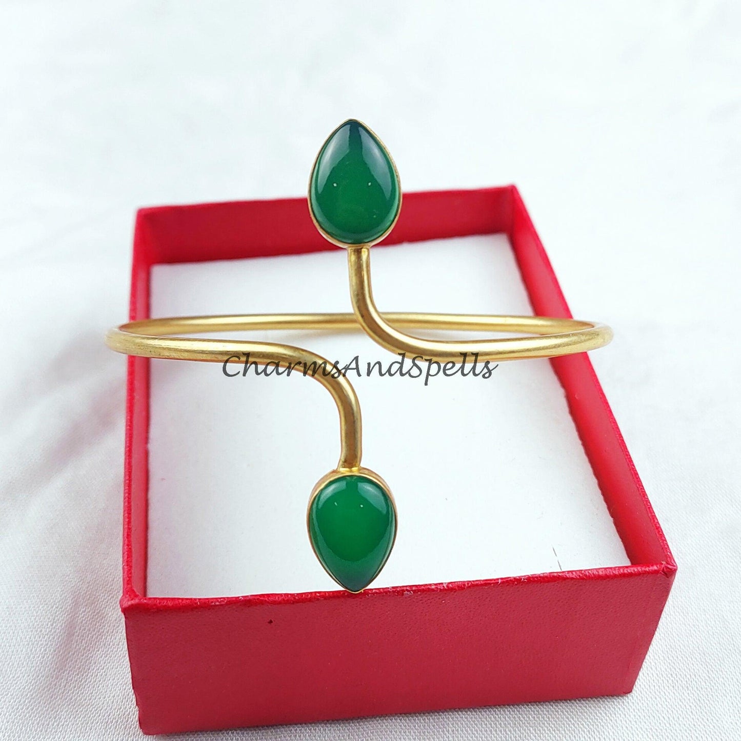 Green onyx gemstone bangle, gold plated handmade bangle, boho bangle, adjustable bangle, Green stone bangle - Charms And Spells