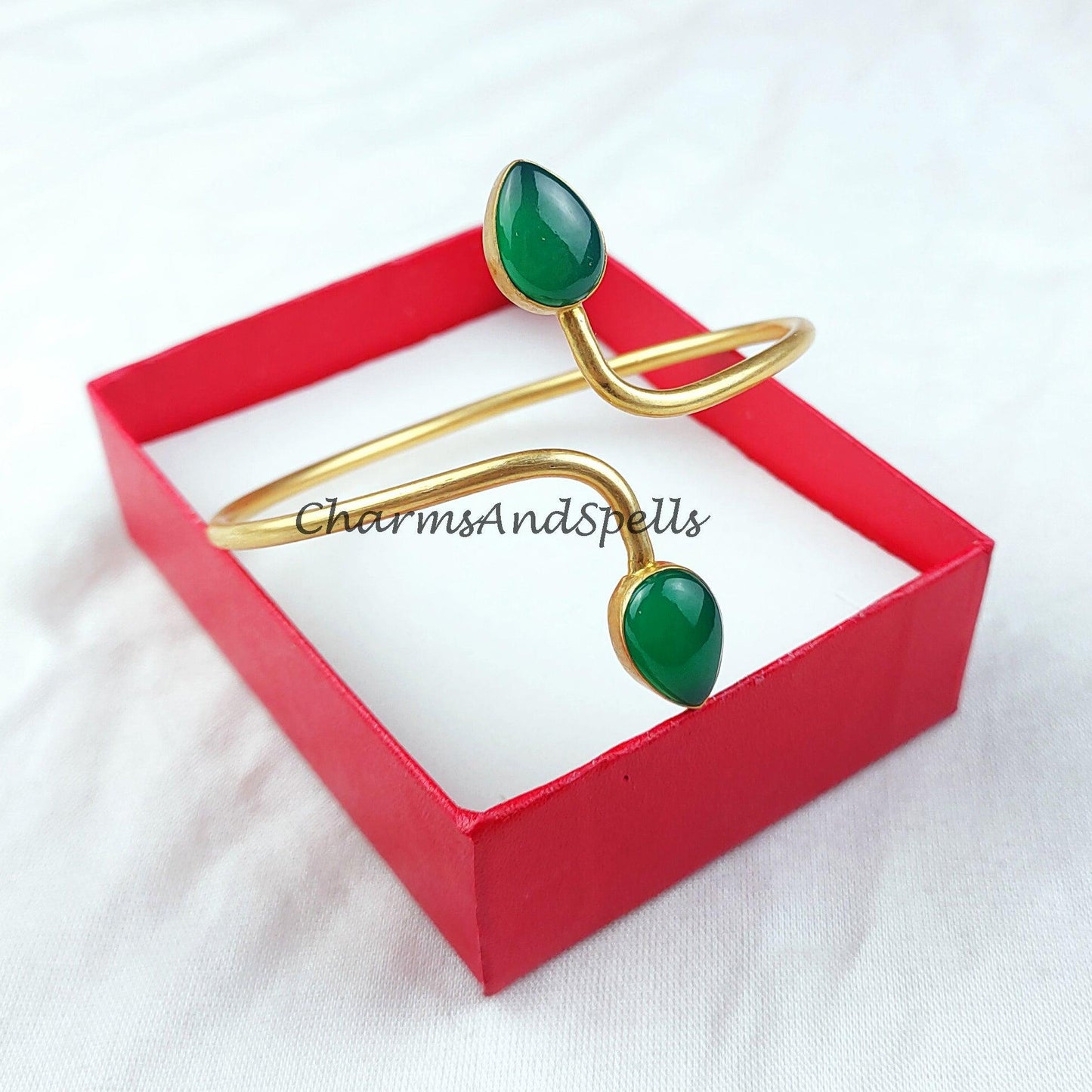 Green onyx gemstone bangle, gold plated handmade bangle, boho bangle, adjustable bangle, Green stone bangle - Charms And Spells