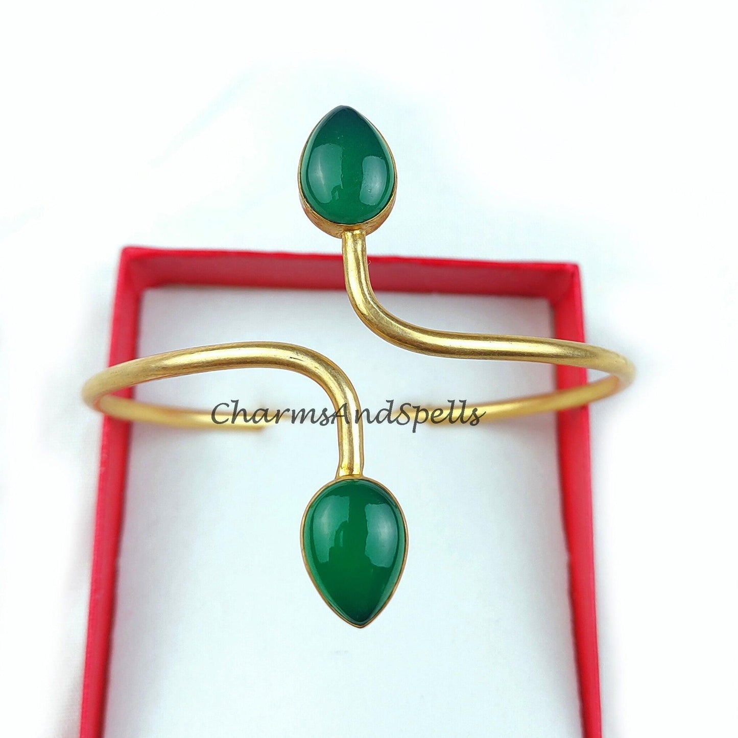 Green onyx gemstone bangle, gold plated handmade bangle, boho bangle, adjustable bangle, Green stone bangle - Charms And Spells