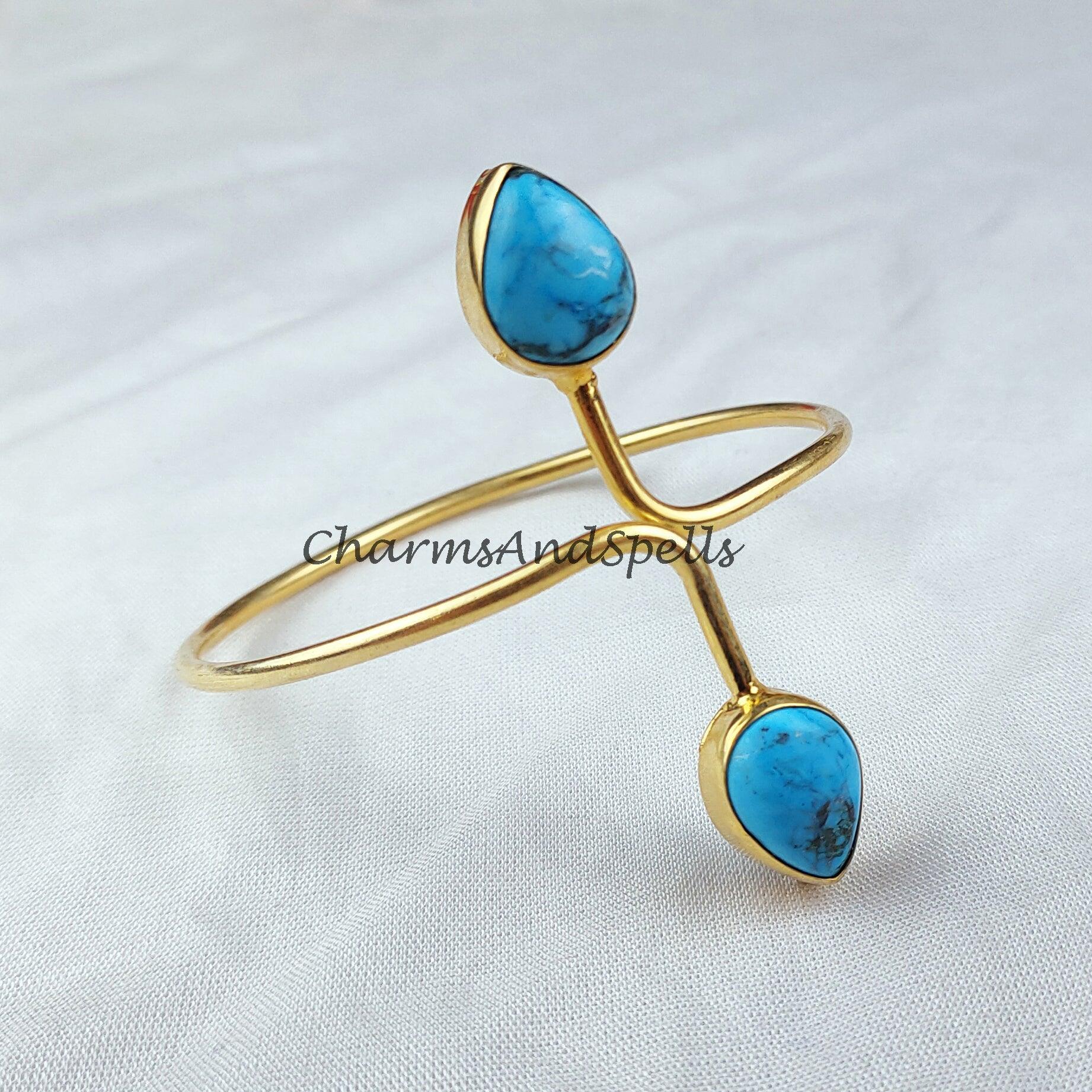 Turquoise bangle, gold plated handmade bangle, Women bangle, adjustable bangle, turquoise jewelry, boho gift - Charms And Spells