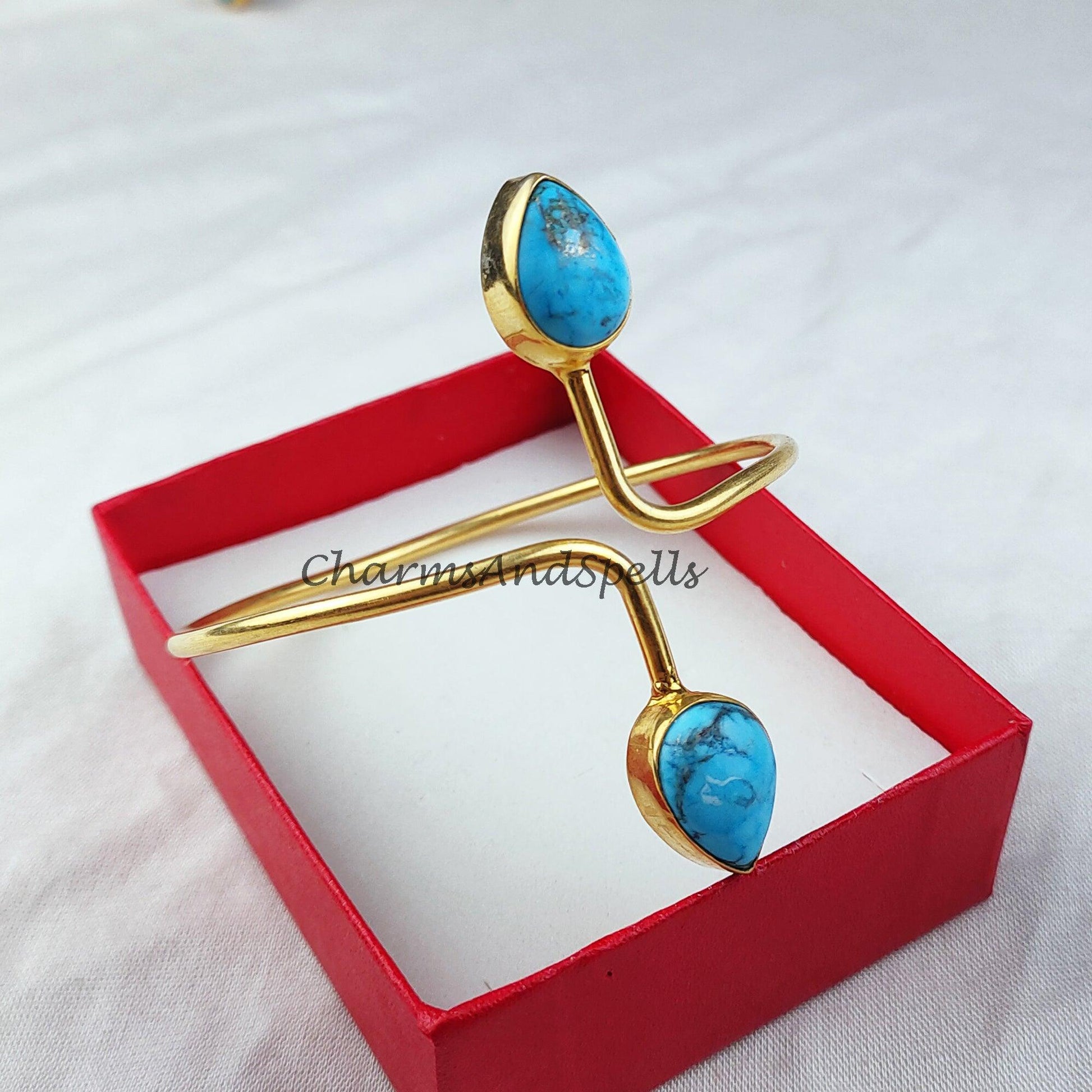 Turquoise bangle, gold plated handmade bangle, Women bangle, adjustable bangle, turquoise jewelry, boho gift - Charms And Spells